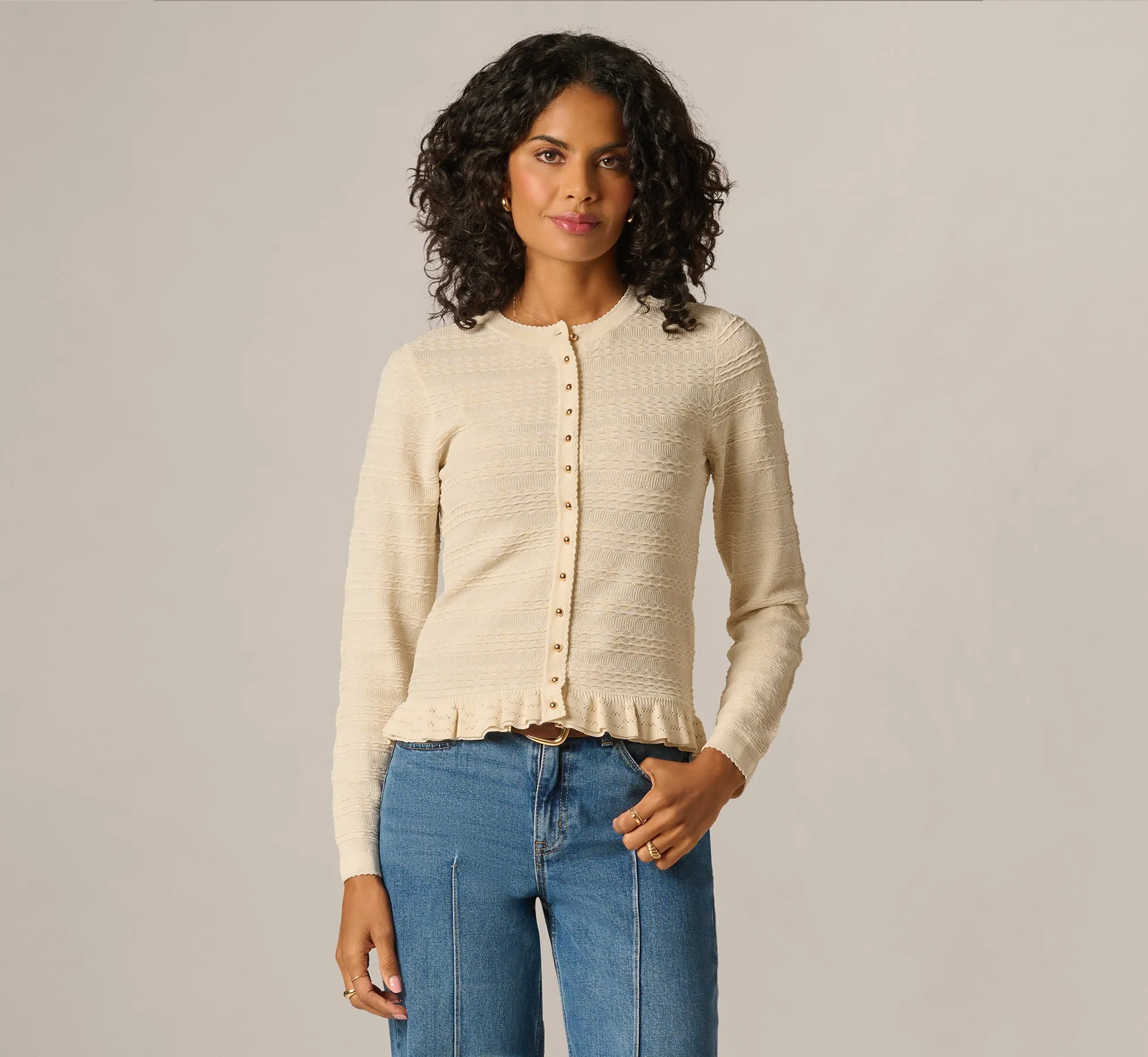 Ruffle Hem Cable Knit Cardigan Sweater In Cream sold by Adrianna Papell product image thumbnail 3