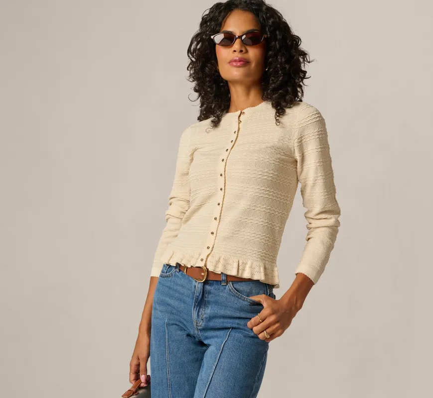 Ruffle Hem Cable Knit Cardigan Sweater In Cream made by Adrianna Papell