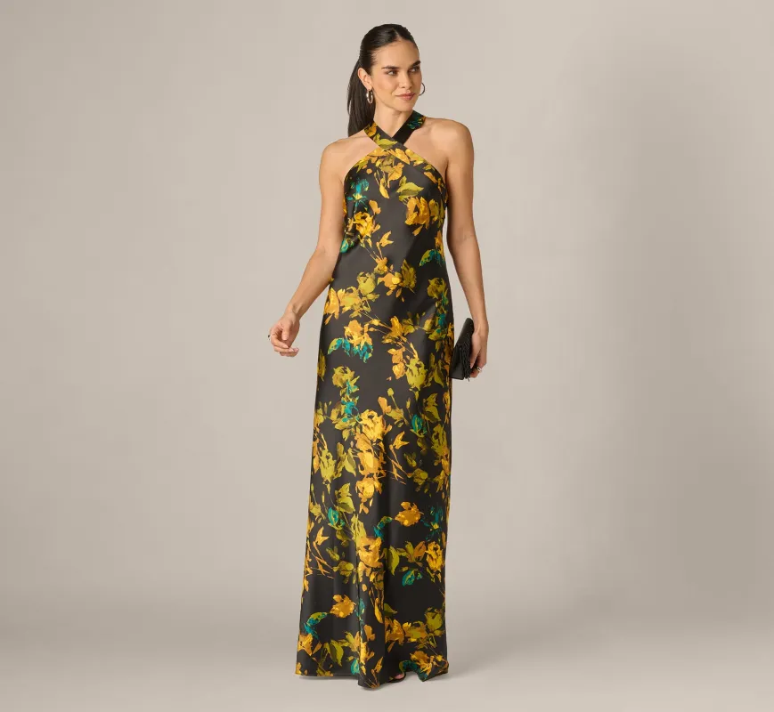 Floral Stretch Satin Scarf Halter Gown In Black Multi made by Adrianna Papell