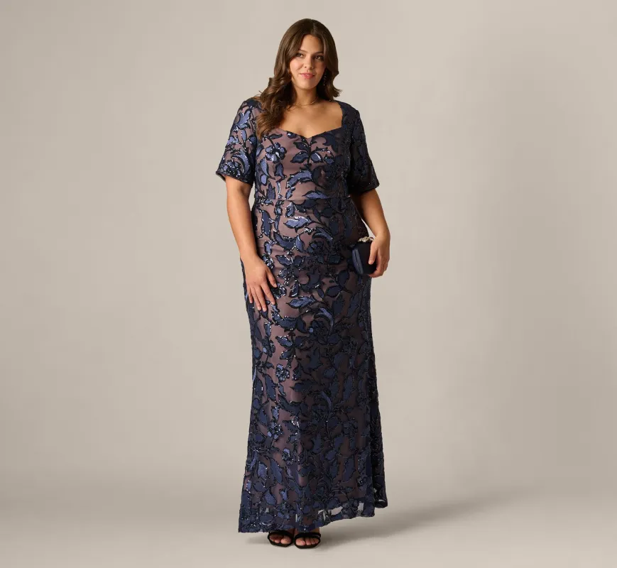 Plus Size Short Sleeve Floral Sequin Stretch Mesh Gown In Navy Rosegold made by Adrianna Papell