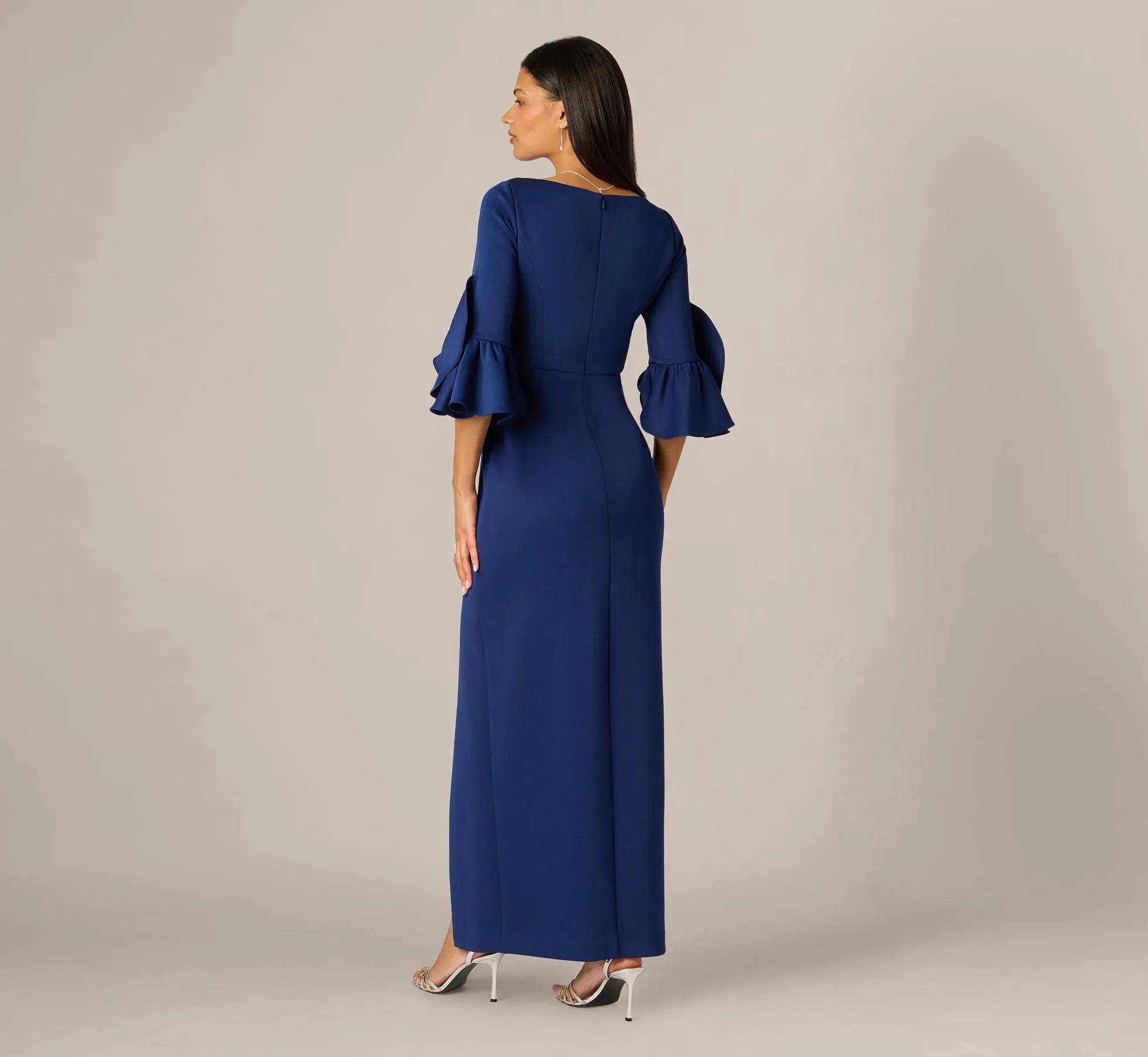 Sculpted Bell Sleeve Column Gown In Navy Sateen sold by Adrianna Papell product image thumbnail 5