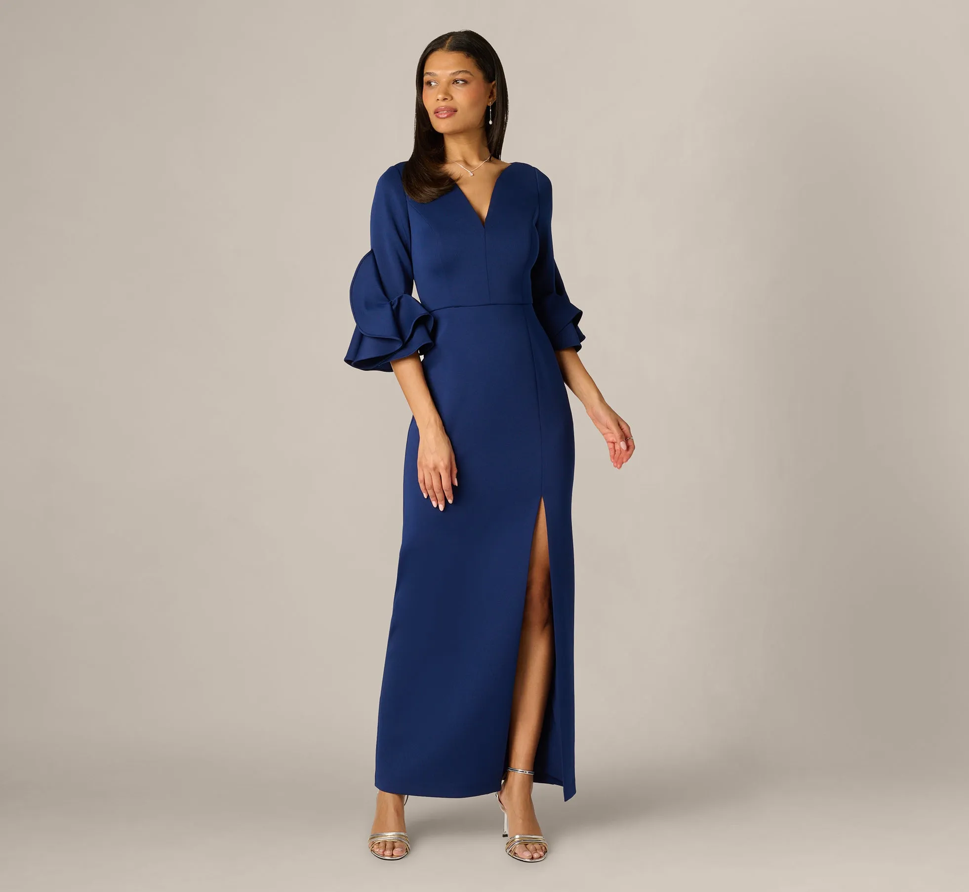Sculpted Bell Sleeve Column Gown In Navy Sateen sold by Adrianna Papell product image thumbnail 2