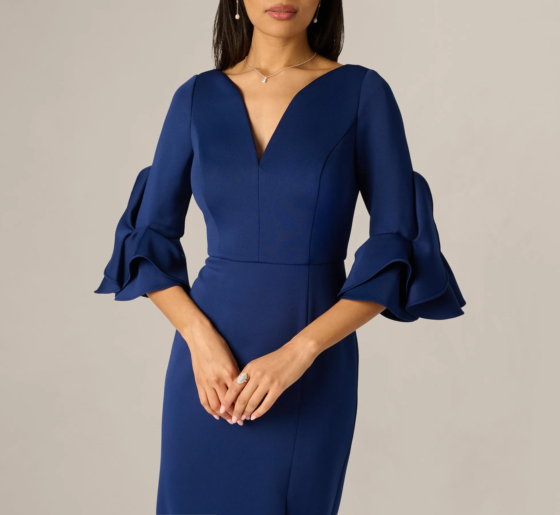 Sculpted Bell Sleeve Column Gown In Navy Sateen sold by Adrianna Papell product image thumbnail 3