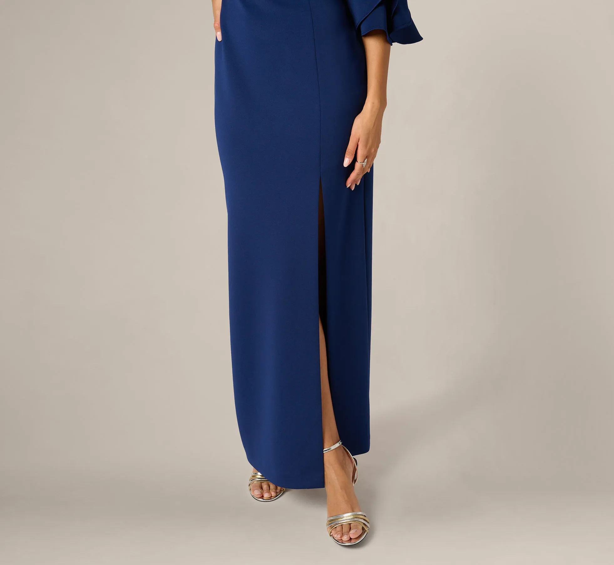 Sculpted Bell Sleeve Column Gown In Navy Sateen sold by Adrianna Papell product image thumbnail 4
