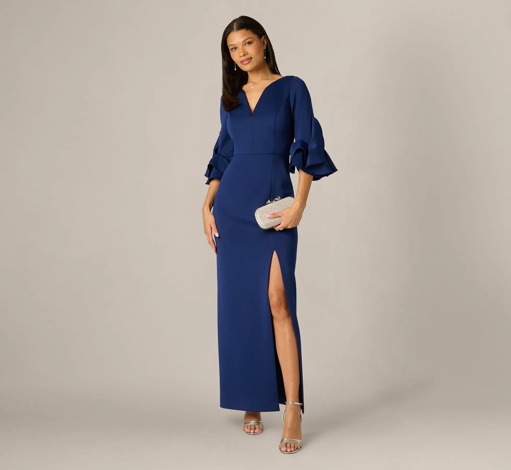 Sculpted Bell Sleeve Column Gown In Navy Sateen sold by Adrianna Papell