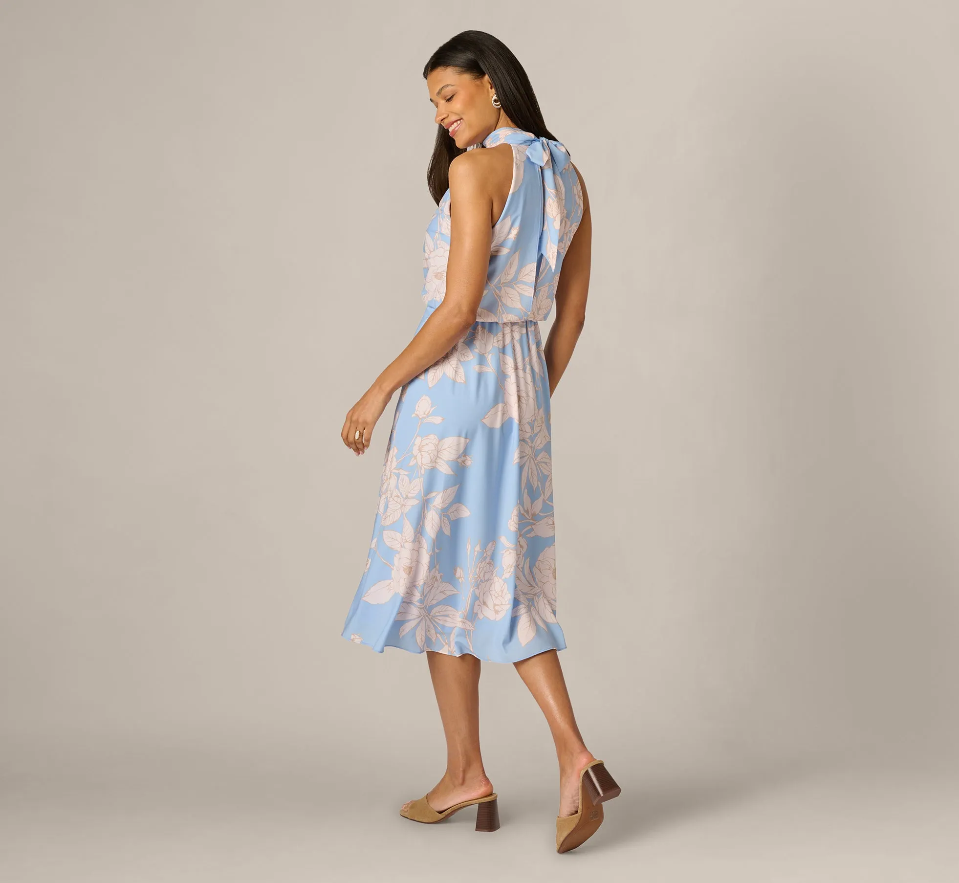 Floral Chiffon Blouson Halter Midi Dress In Blue Ivory sold by Adrianna Papell product image thumbnail 5