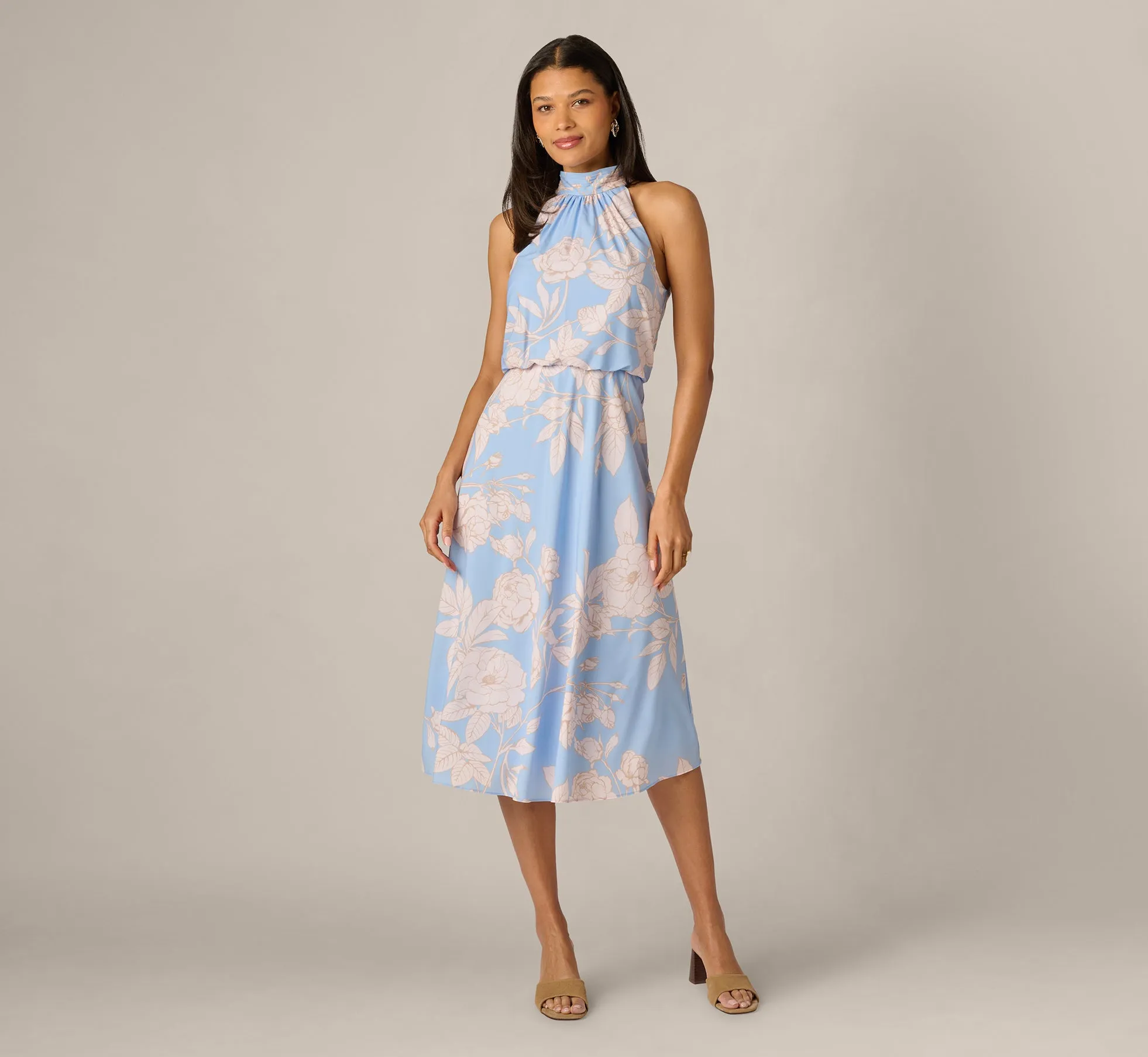 Floral Chiffon Blouson Halter Midi Dress In Blue Ivory sold by Adrianna Papell product image thumbnail 2