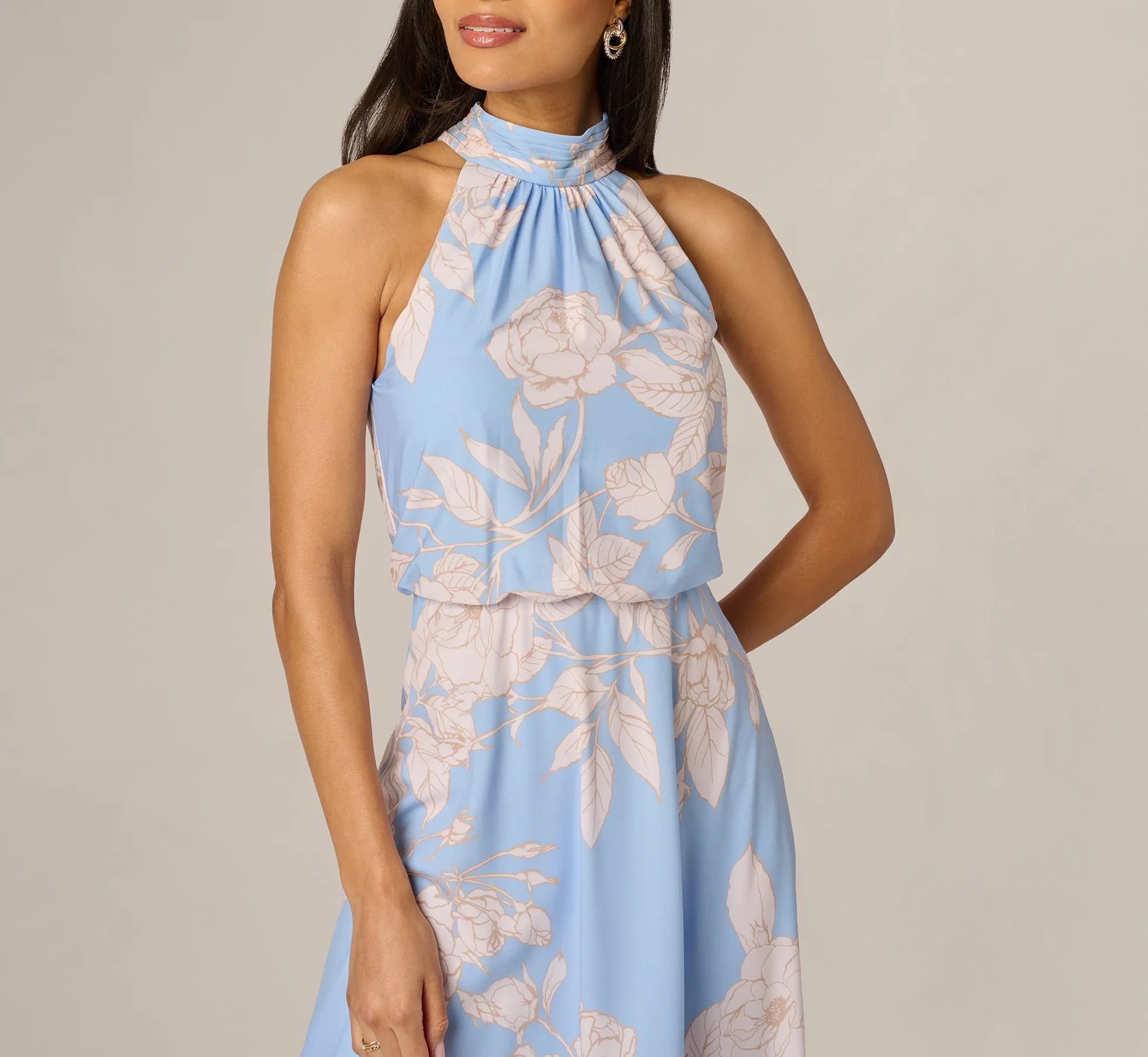Floral Chiffon Blouson Halter Midi Dress In Blue Ivory sold by Adrianna Papell product image thumbnail 3