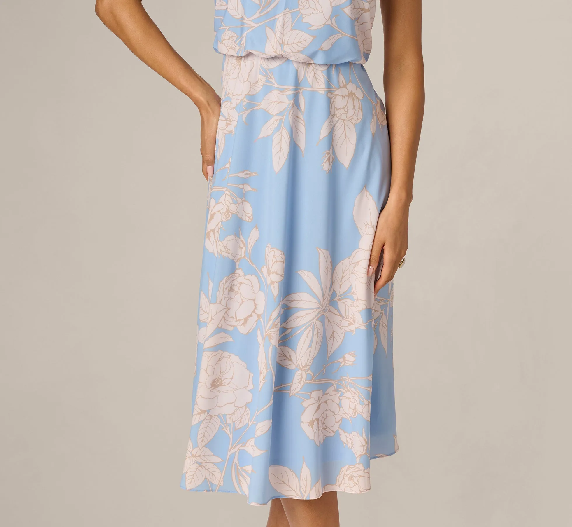 Floral Chiffon Blouson Halter Midi Dress In Blue Ivory sold by Adrianna Papell product image thumbnail 4