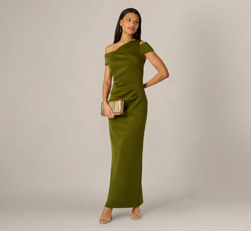 Asymmetrical Draped Column Gown In Jungle Olive made by Adrianna Papell