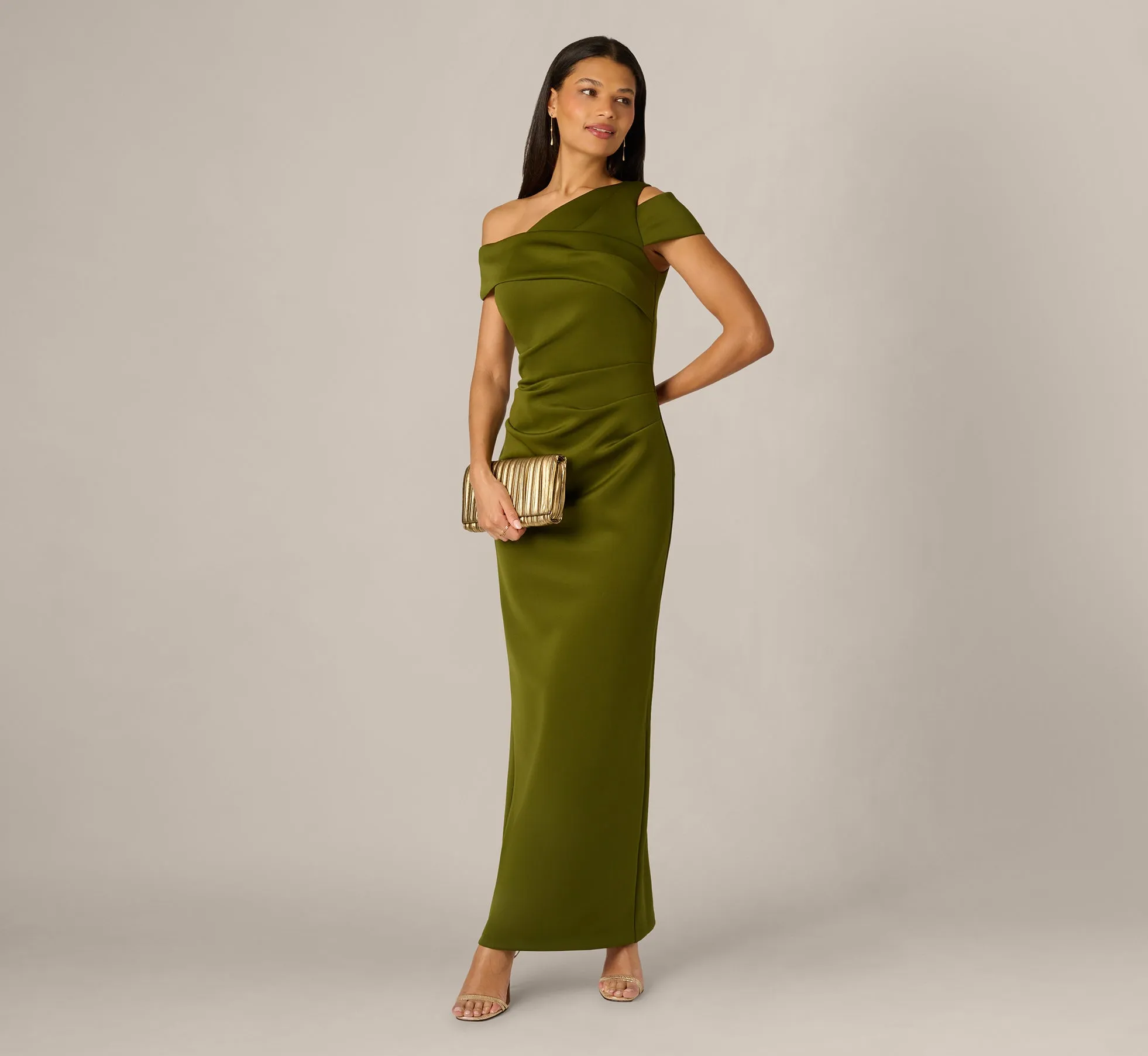 Asymmetrical Draped Column Gown In Jungle Olive sold by Adrianna Papell