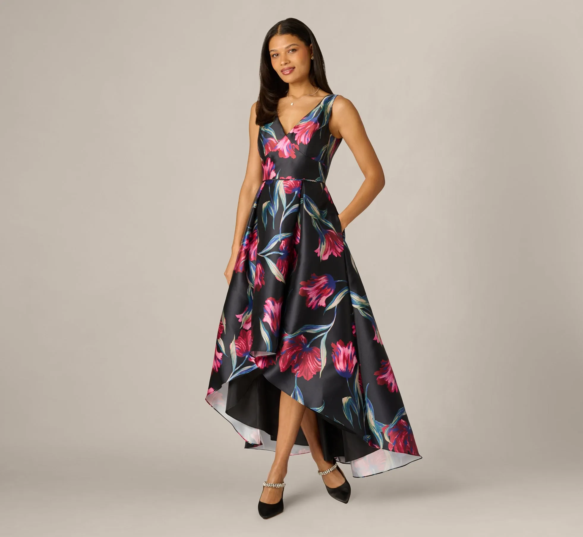 Floral Print Mikado High Low Gown In Black Multi sold by Adrianna Papell product image thumbnail 2