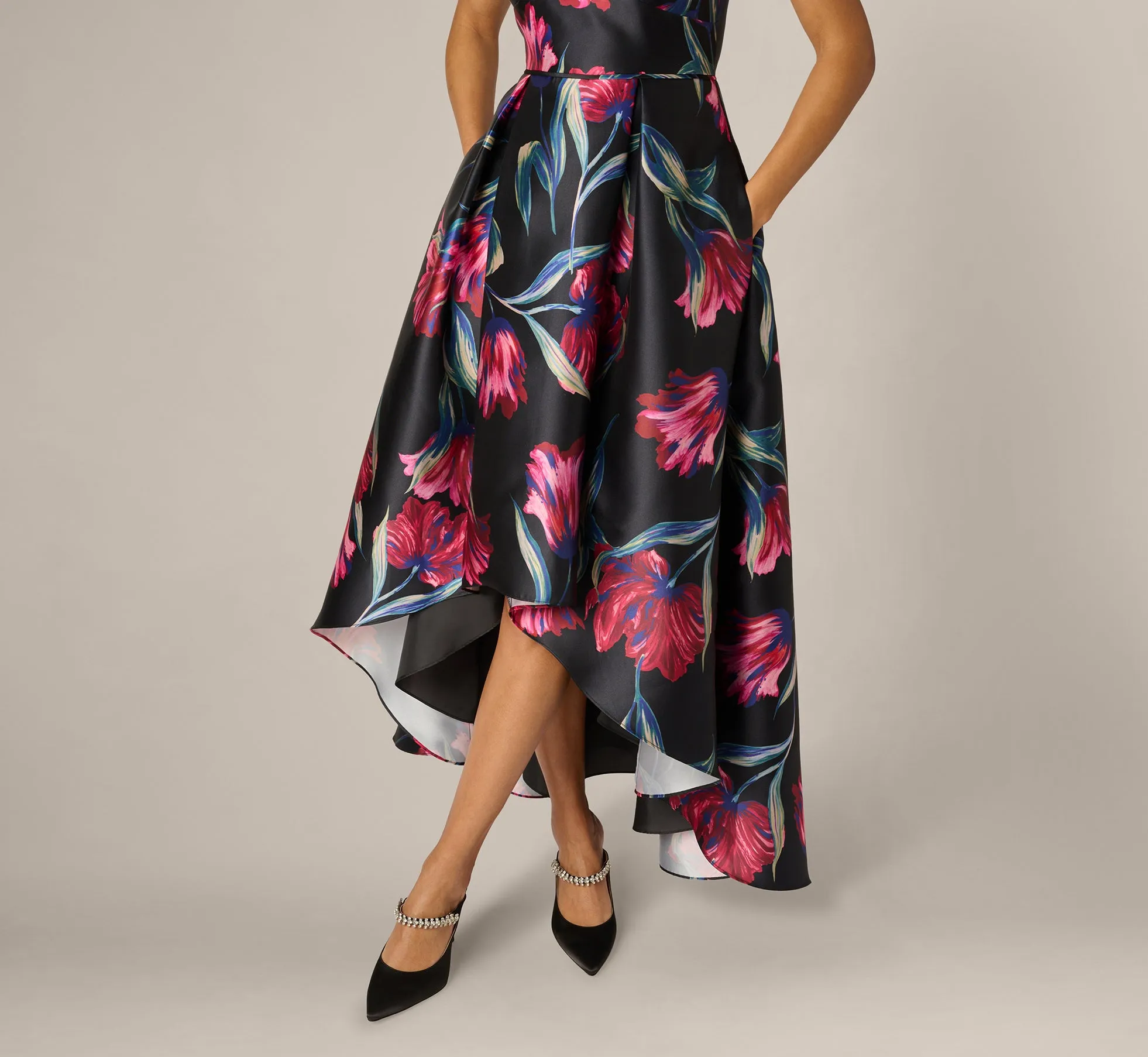 Floral Print Mikado High Low Gown In Black Multi sold by Adrianna Papell product image thumbnail 4