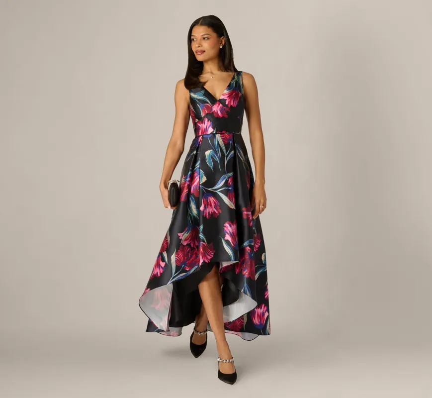 Floral Print Mikado High Low Gown In Black Multi made by Adrianna Papell