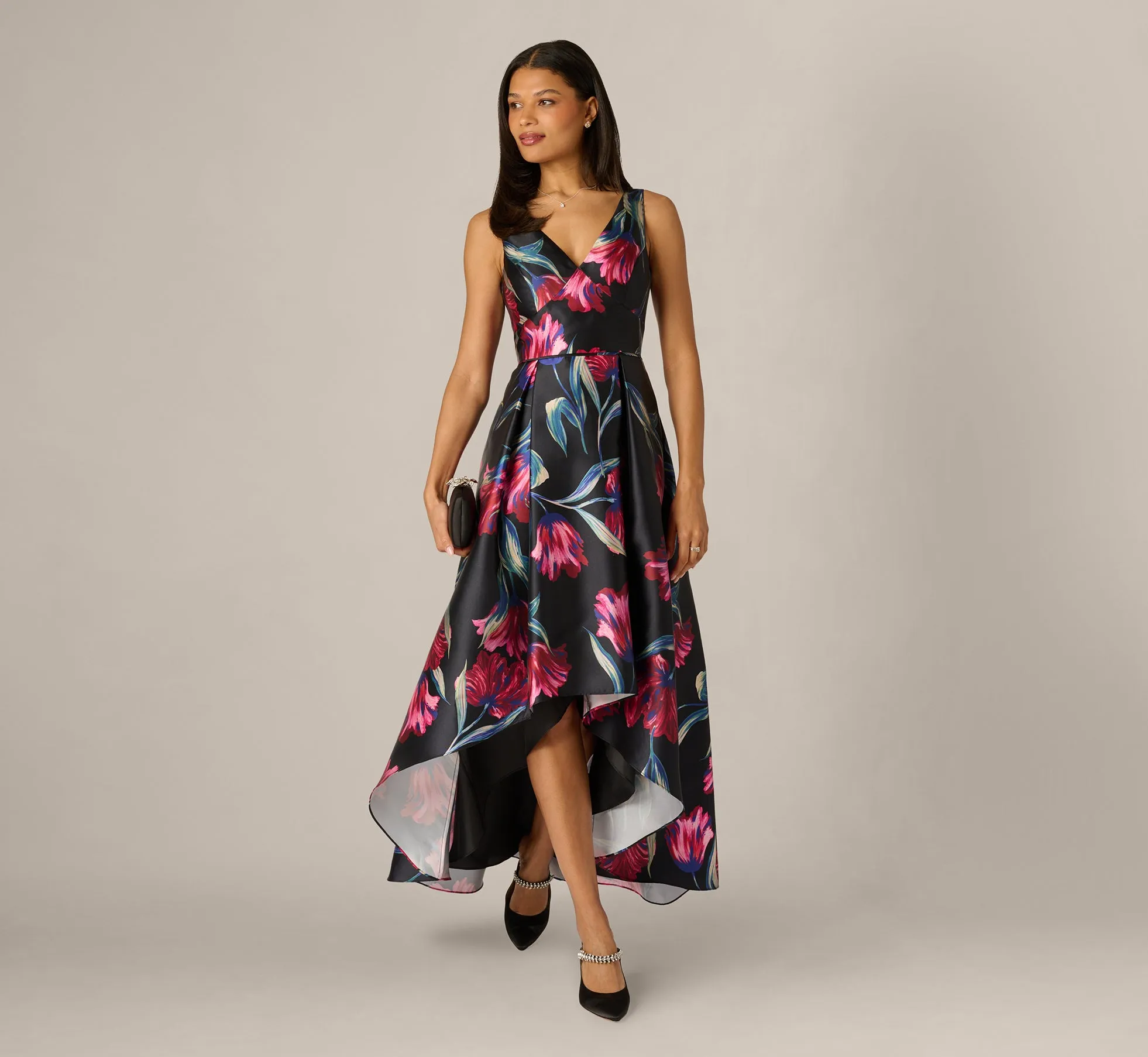 Floral Print Mikado High Low Gown In Black Multi sold by Adrianna Papell