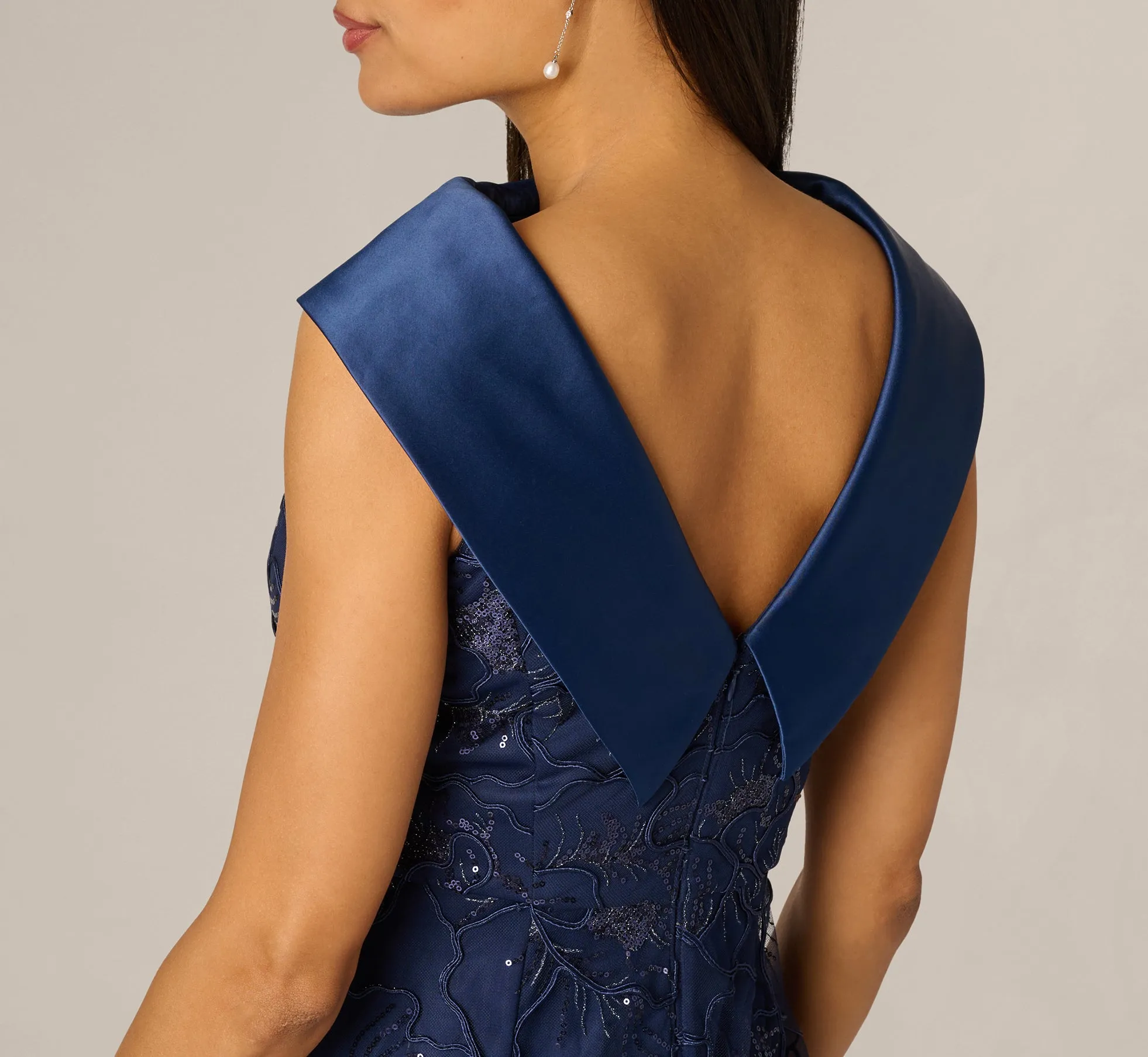 Floral Embroidered Satin Roll Collar Gown In Midnight sold by Adrianna Papell product image thumbnail 4