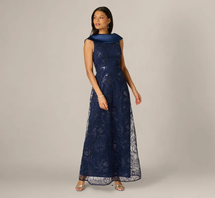 Floral Embroidered Satin Roll Collar Gown In Midnight made by Adrianna Papell