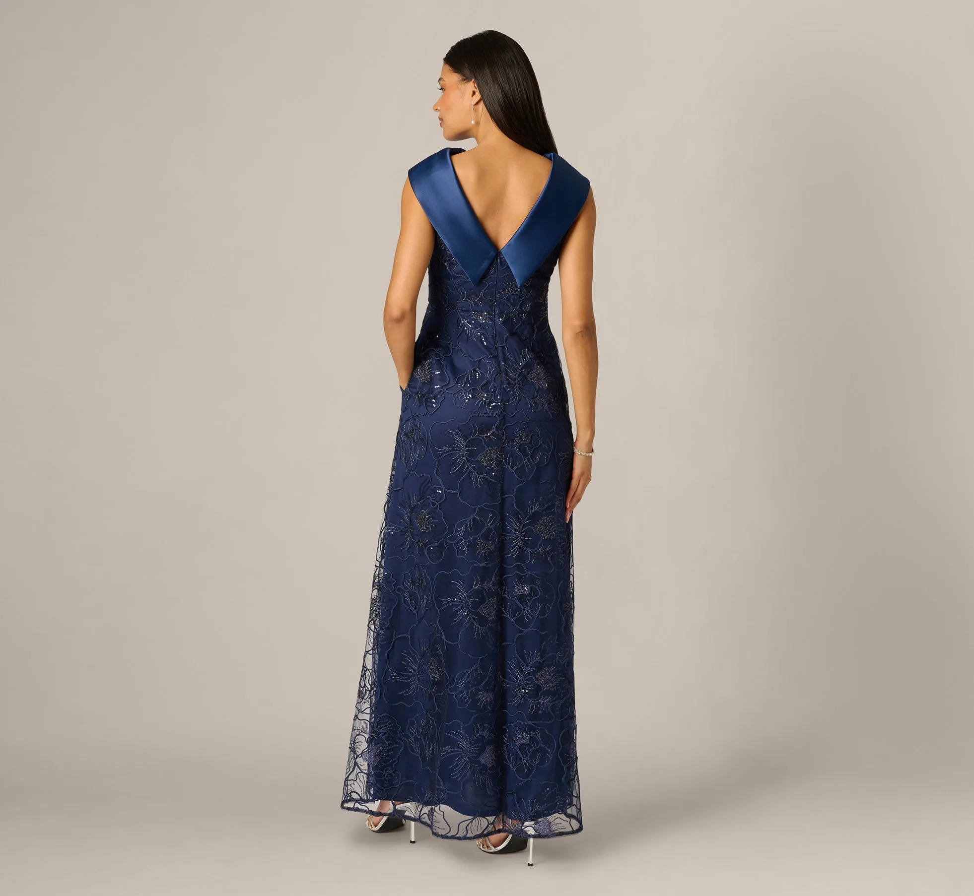 Floral Embroidered Satin Roll Collar Gown In Midnight sold by Adrianna Papell product image thumbnail 5
