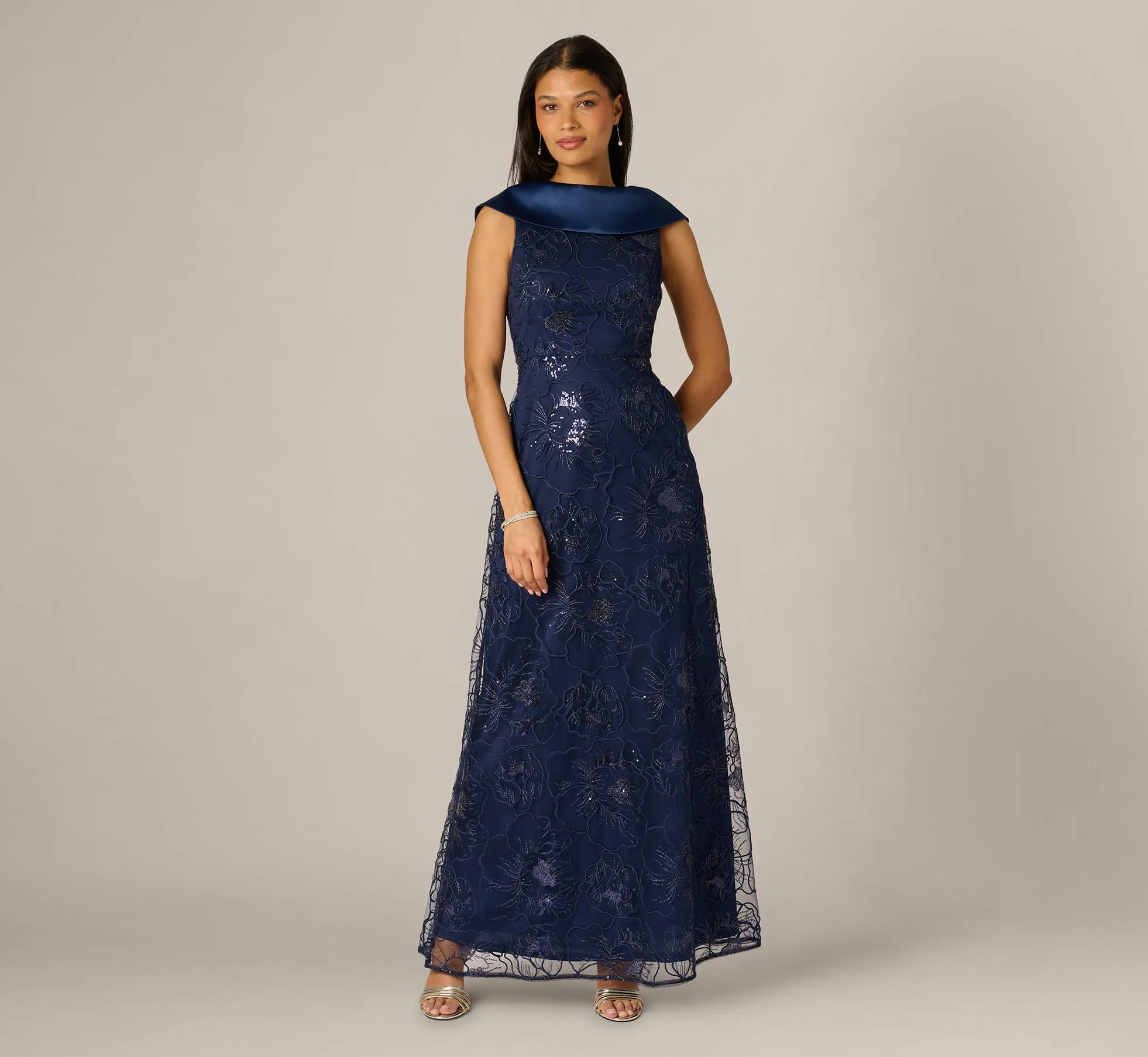 Floral Embroidered Satin Roll Collar Gown In Midnight sold by Adrianna Papell product image thumbnail 2