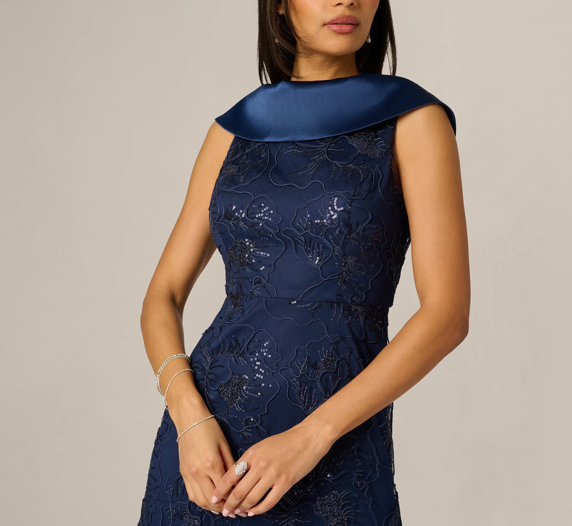 Floral Embroidered Satin Roll Collar Gown In Midnight sold by Adrianna Papell product image thumbnail 3