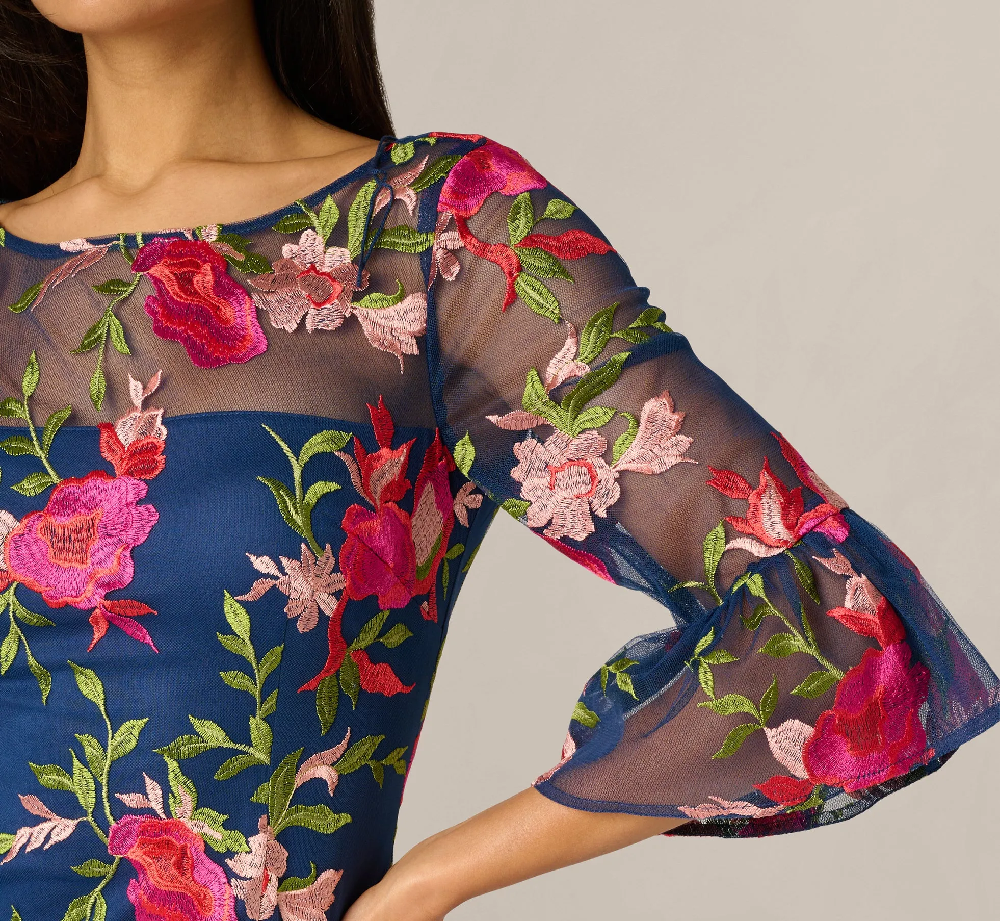 Bell Sleeve Floral Embroidered Illusion Sheath Dress In Navy Pink Multi sold by Adrianna Papell product image thumbnail 4