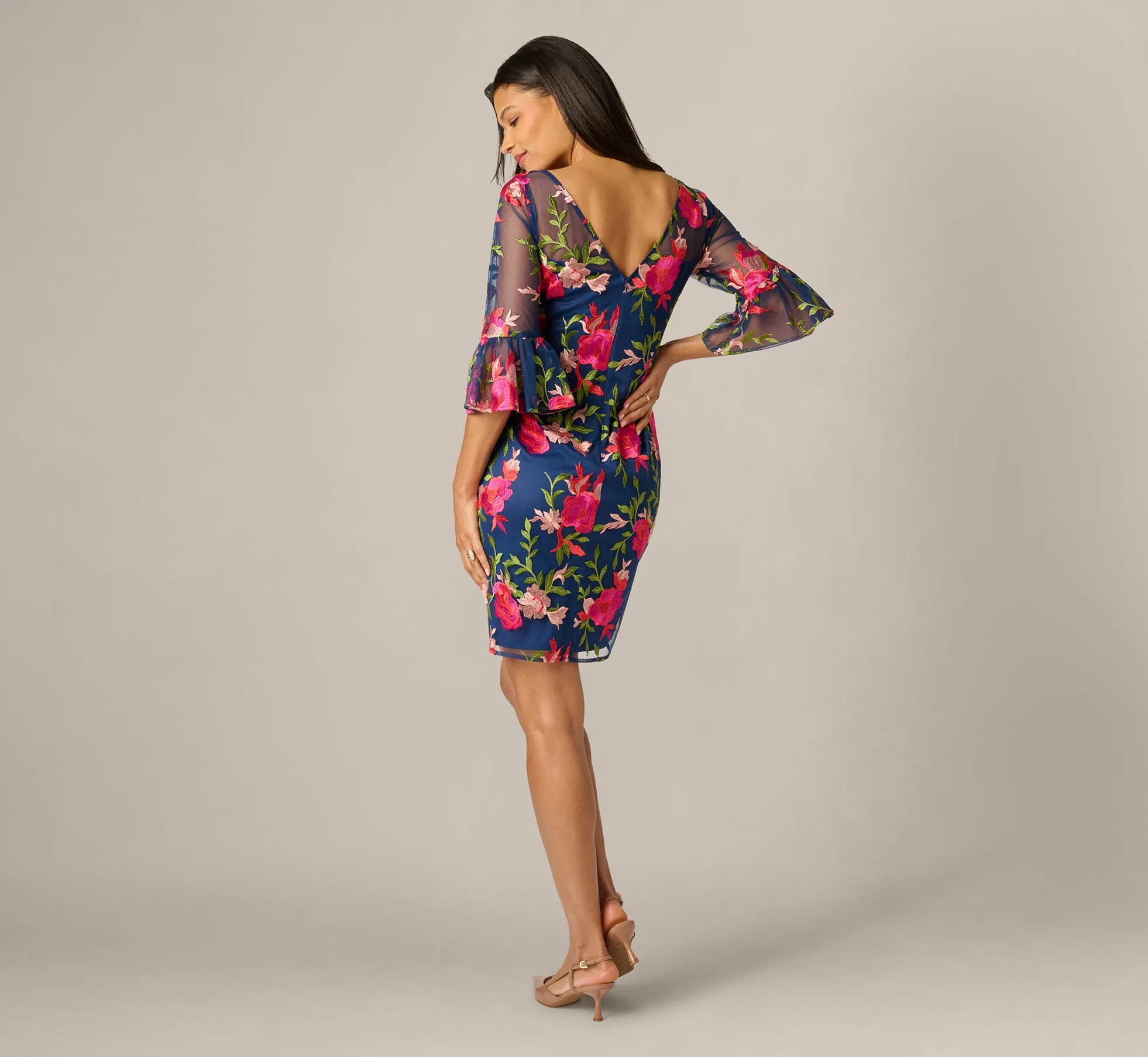 Bell Sleeve Floral Embroidered Illusion Sheath Dress In Navy Pink Multi sold by Adrianna Papell product image thumbnail 5