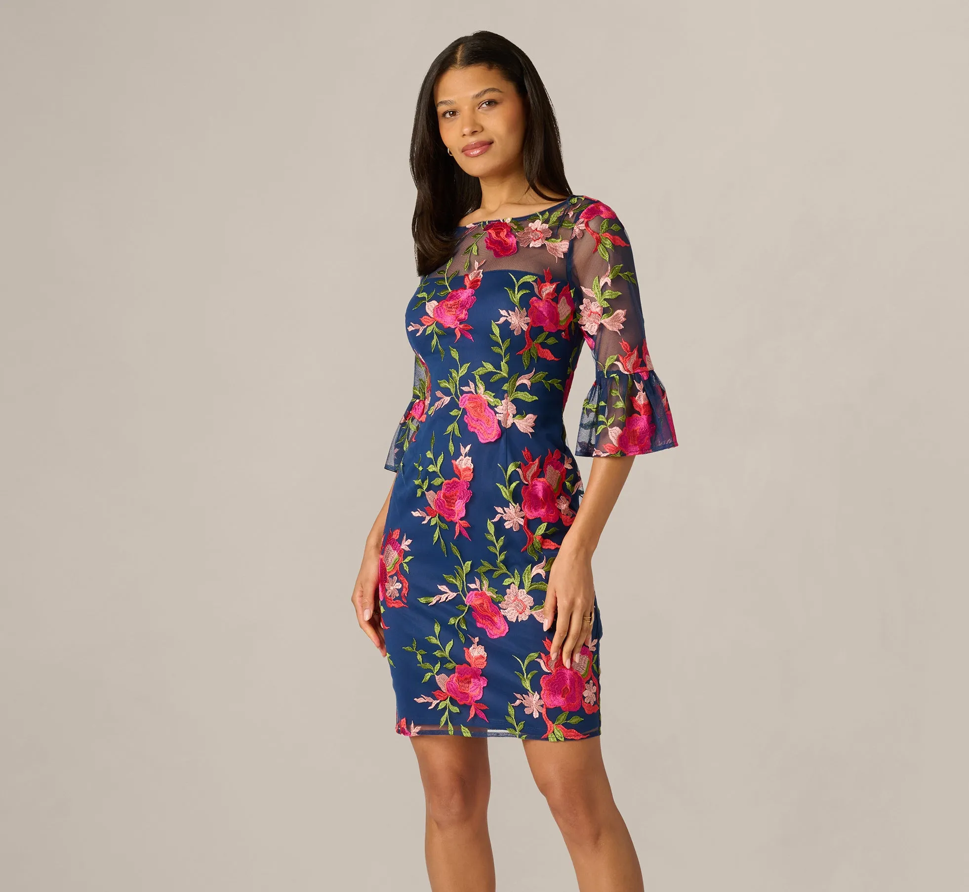Bell Sleeve Floral Embroidered Illusion Sheath Dress In Navy Pink Multi sold by Adrianna Papell product image thumbnail 2