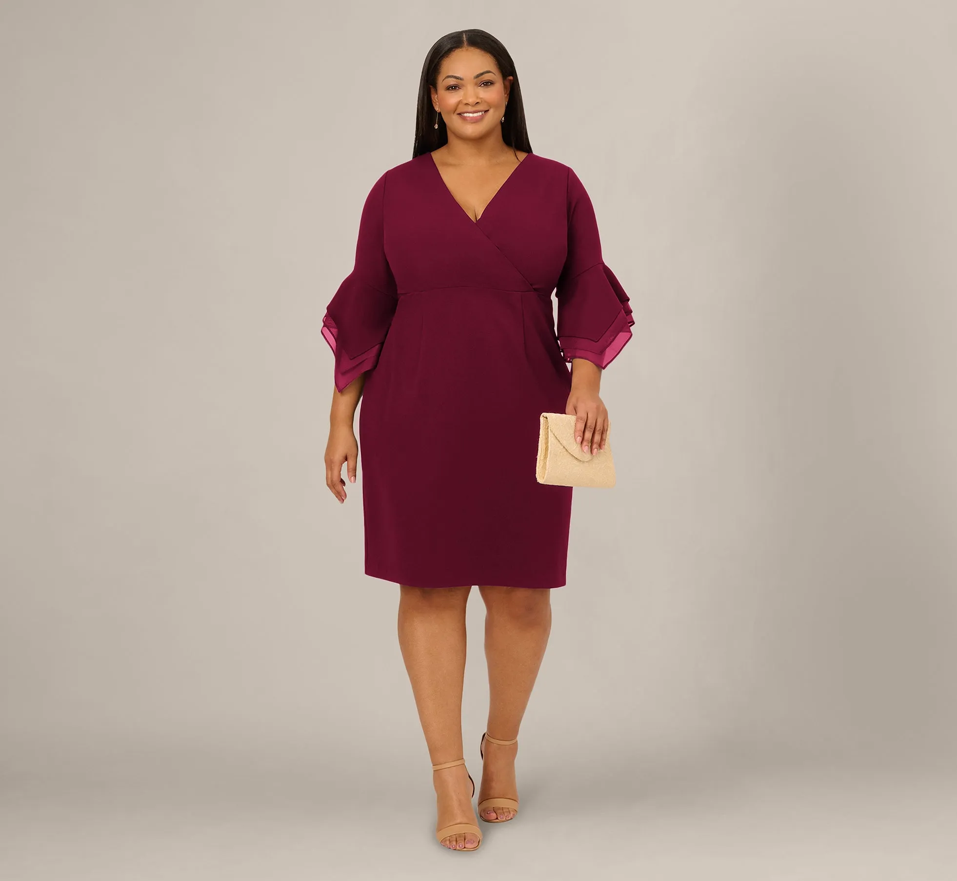 Plus Size Three Quarter Bell Sleeve Sheath Midi Dress In Cabernet sold by Adrianna Papell