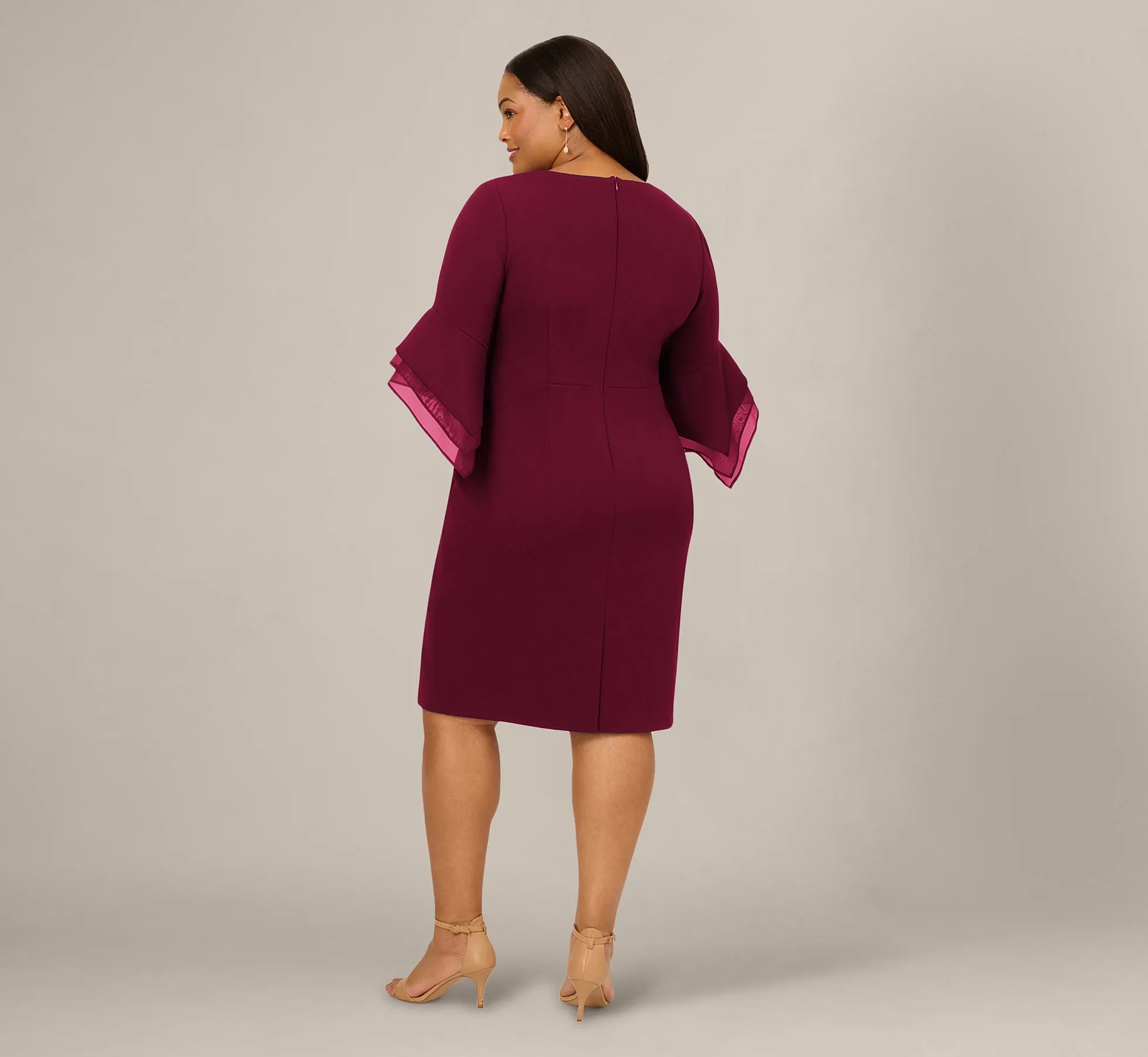 Plus Size Three Quarter Bell Sleeve Sheath Midi Dress In Cabernet sold by Adrianna Papell product image thumbnail 5