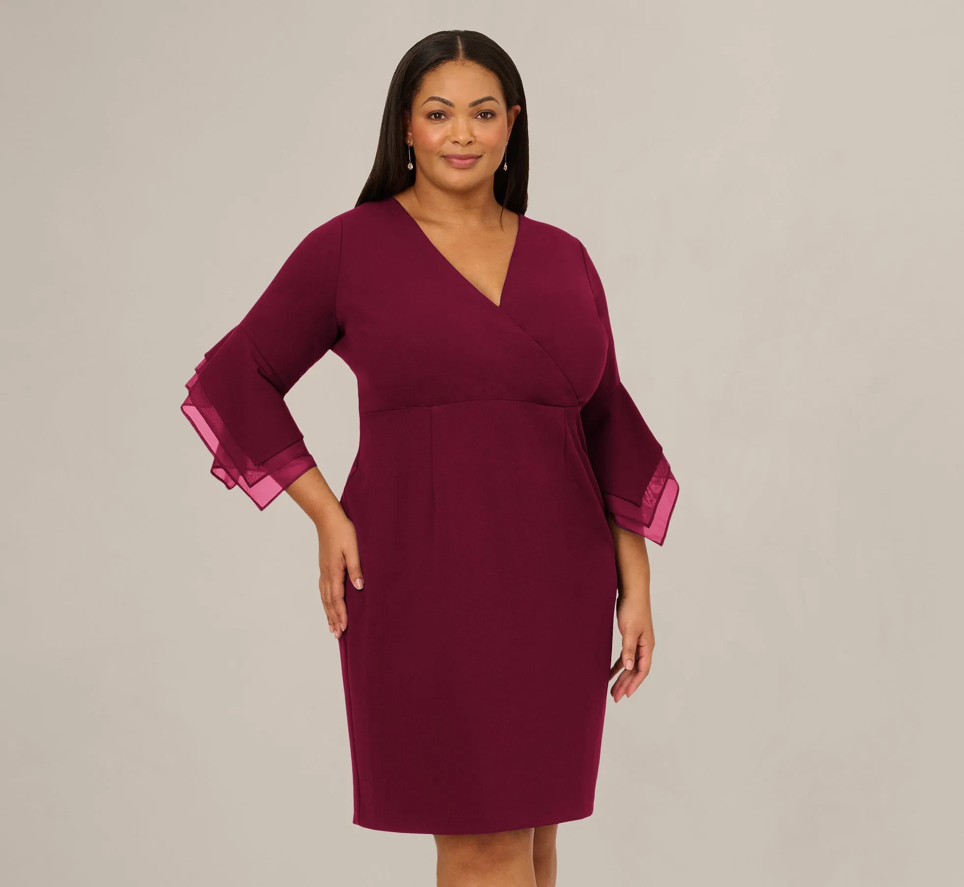 Plus Size Three Quarter Bell Sleeve Sheath Midi Dress In Cabernet sold by Adrianna Papell product image thumbnail 2