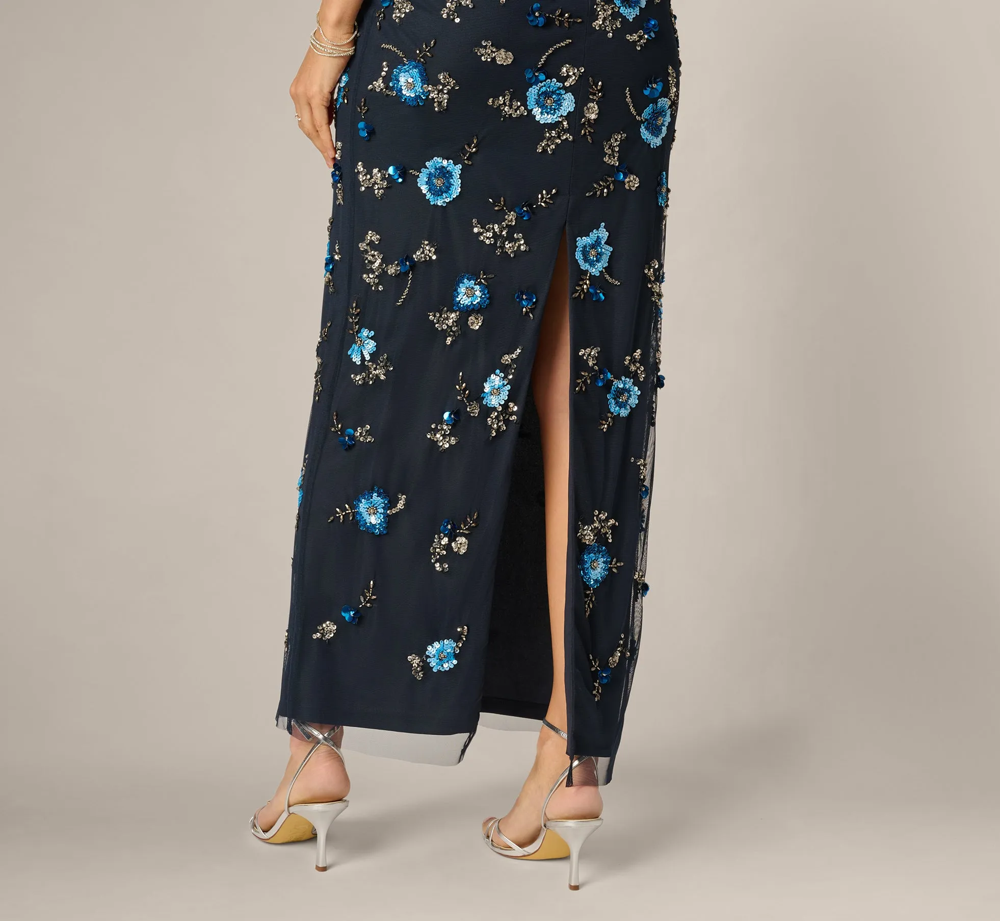 Flutter Sleeve Floral Beaded Column Gown In Midnight Multi sold by Adrianna Papell product image thumbnail 4