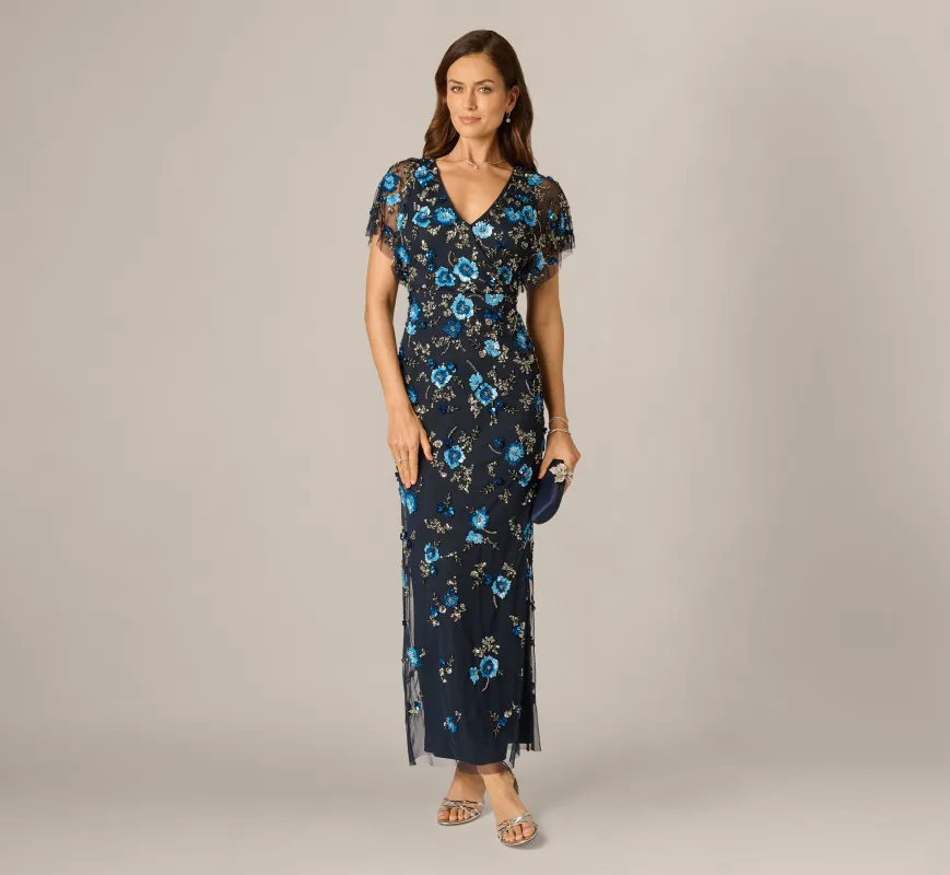 Flutter Sleeve Floral Beaded Column Gown In Midnight Multi made by Adrianna Papell