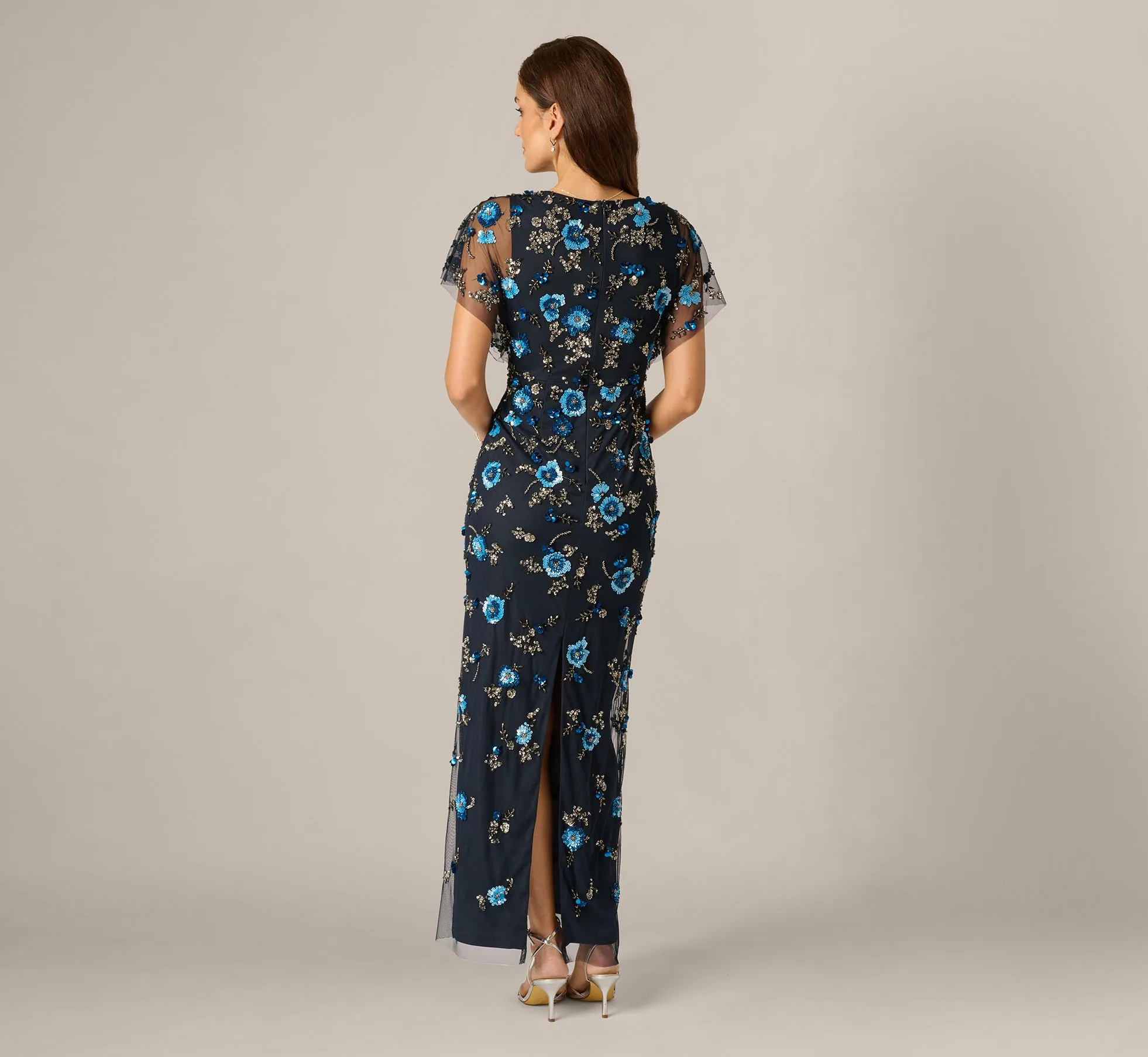 Flutter Sleeve Floral Beaded Column Gown In Midnight Multi sold by Adrianna Papell product image thumbnail 5