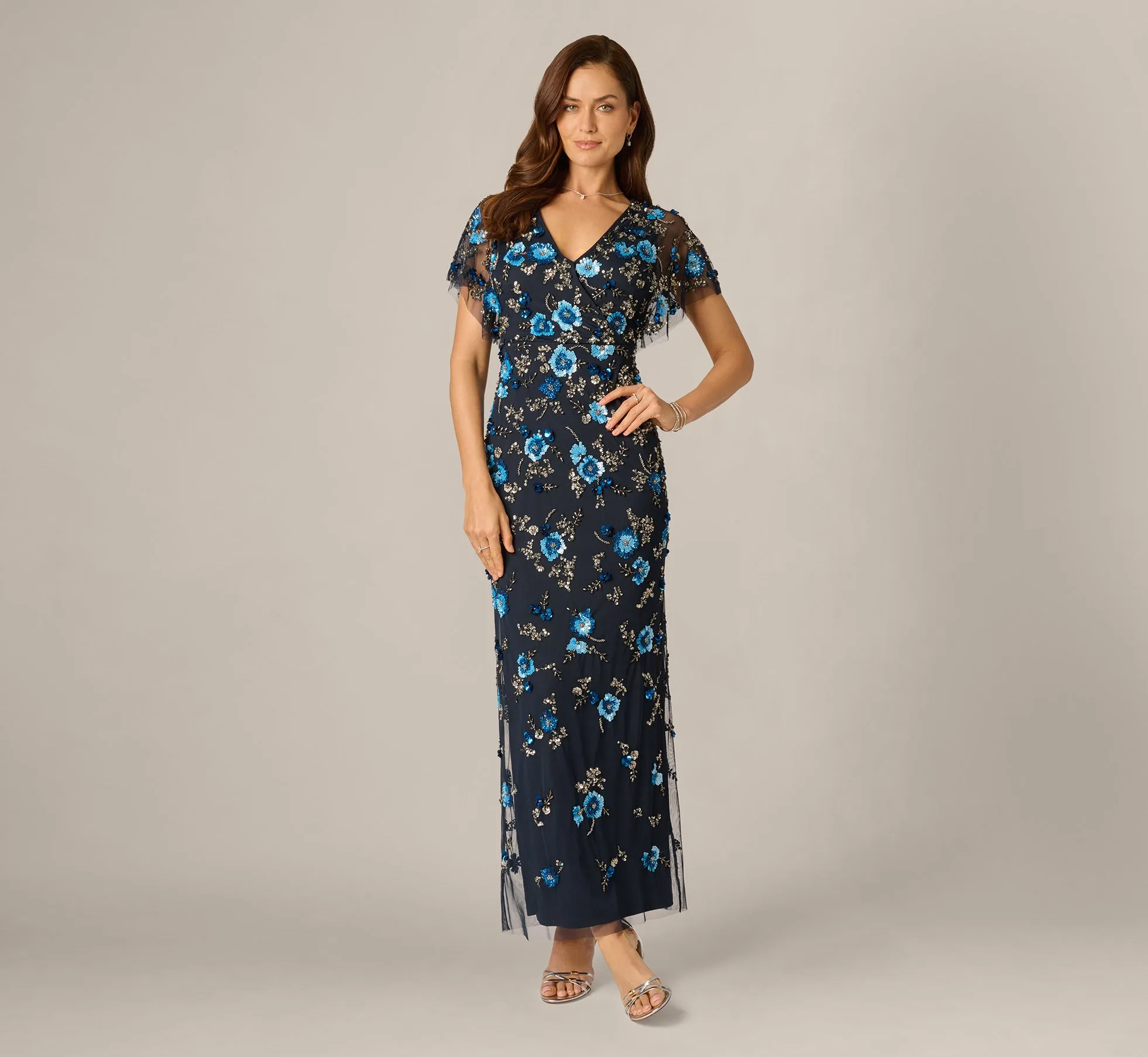 Flutter Sleeve Floral Beaded Column Gown In Midnight Multi sold by Adrianna Papell product image thumbnail 2