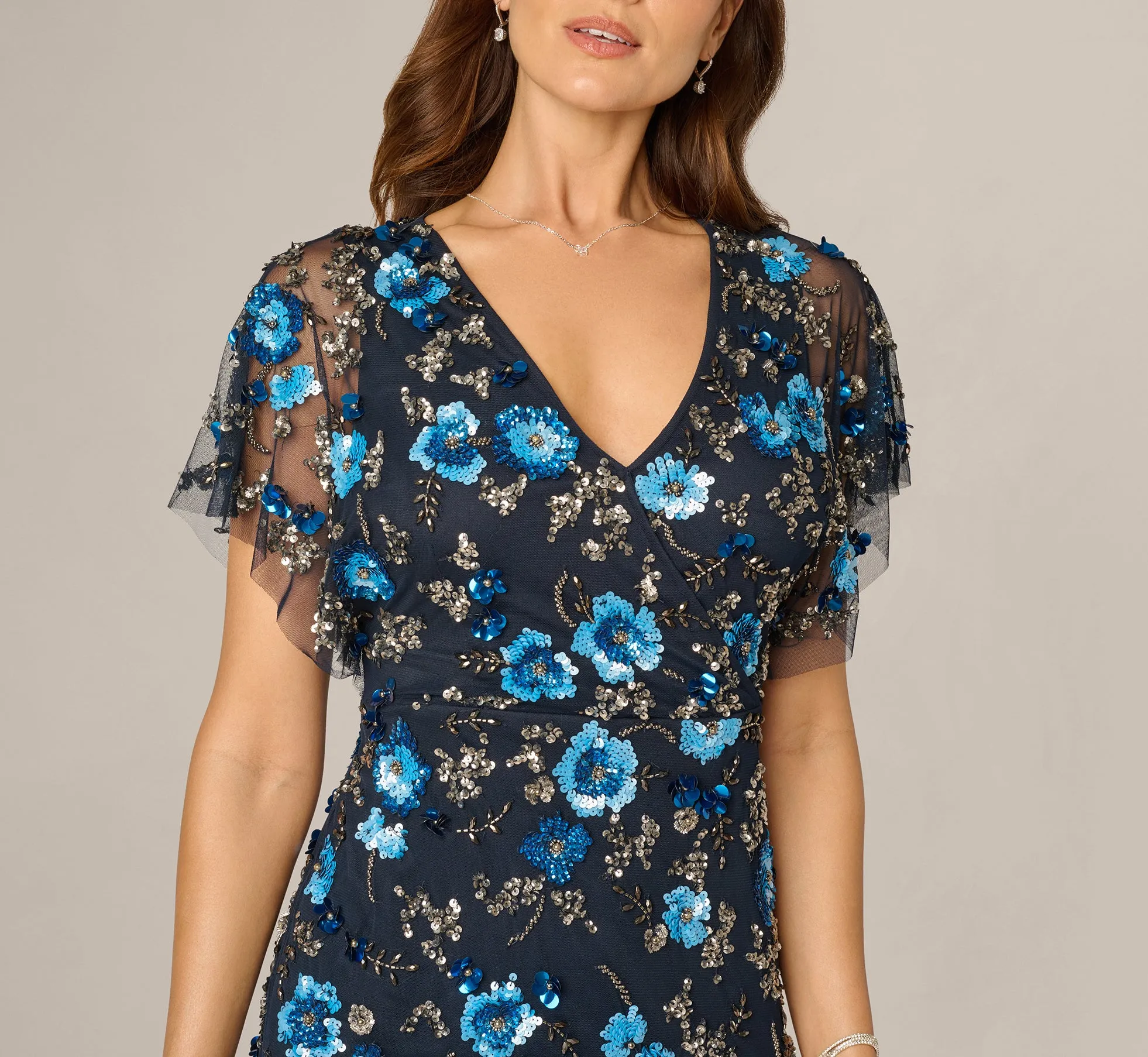 Flutter Sleeve Floral Beaded Column Gown In Midnight Multi sold by Adrianna Papell product image thumbnail 3