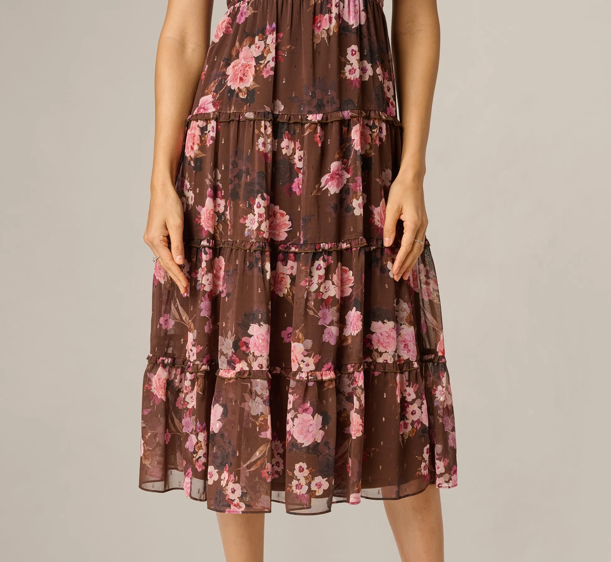 Flutter Sleeve Floral Metallic Chiffon Midi Dress In Brown Multi sold by Adrianna Papell product image thumbnail 4