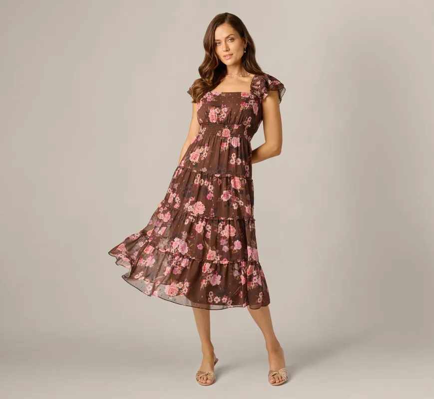 Flutter Sleeve Floral Metallic Chiffon Midi Dress In Brown Multi made by Adrianna Papell