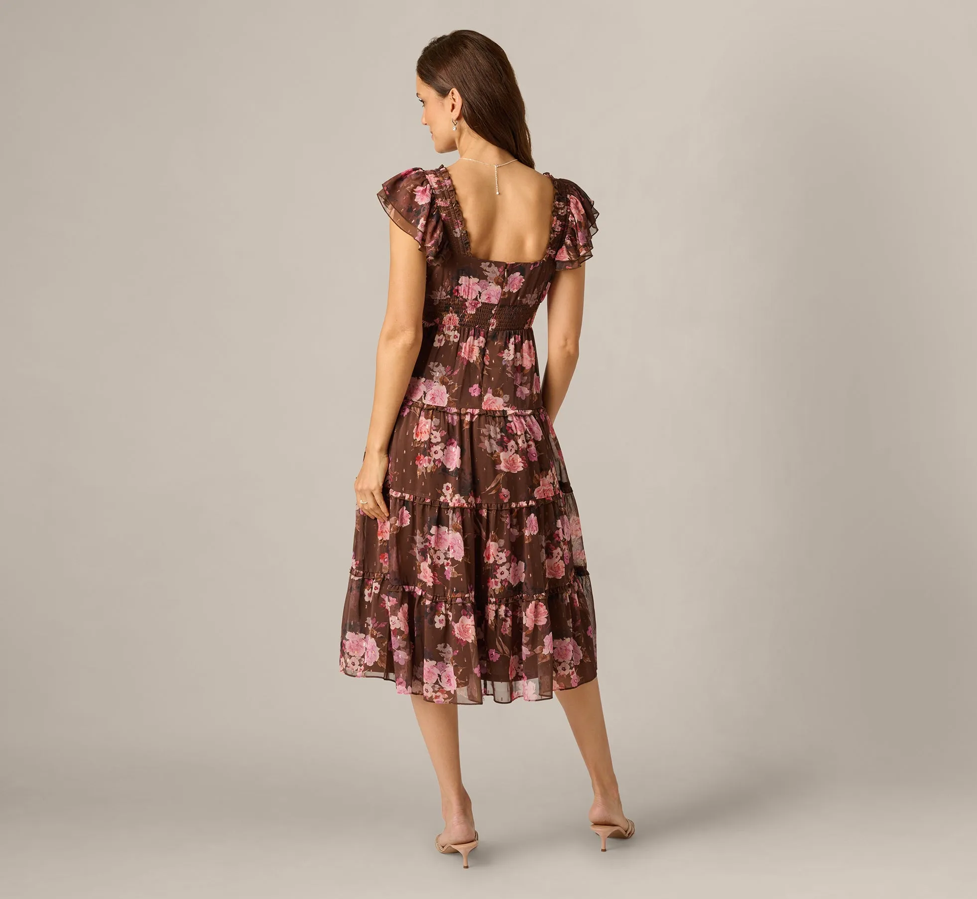 Flutter Sleeve Floral Metallic Chiffon Midi Dress In Brown Multi sold by Adrianna Papell product image thumbnail 5