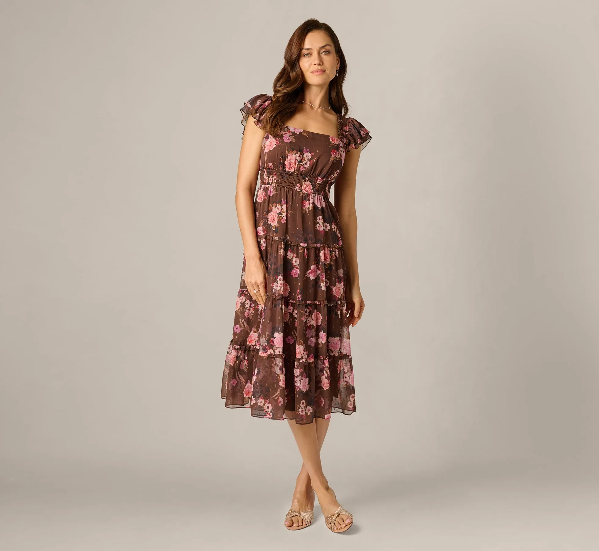 Flutter Sleeve Floral Metallic Chiffon Midi Dress In Brown Multi sold by Adrianna Papell product image thumbnail 2