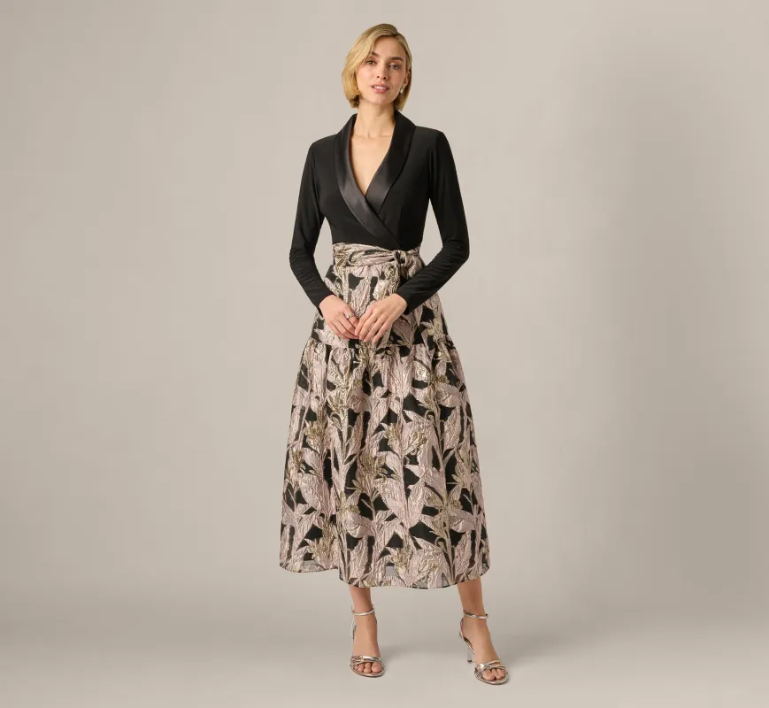 Long Sleeve Combo Tuxedo Ankle Length Gown In Black Blush made by Adrianna Papell