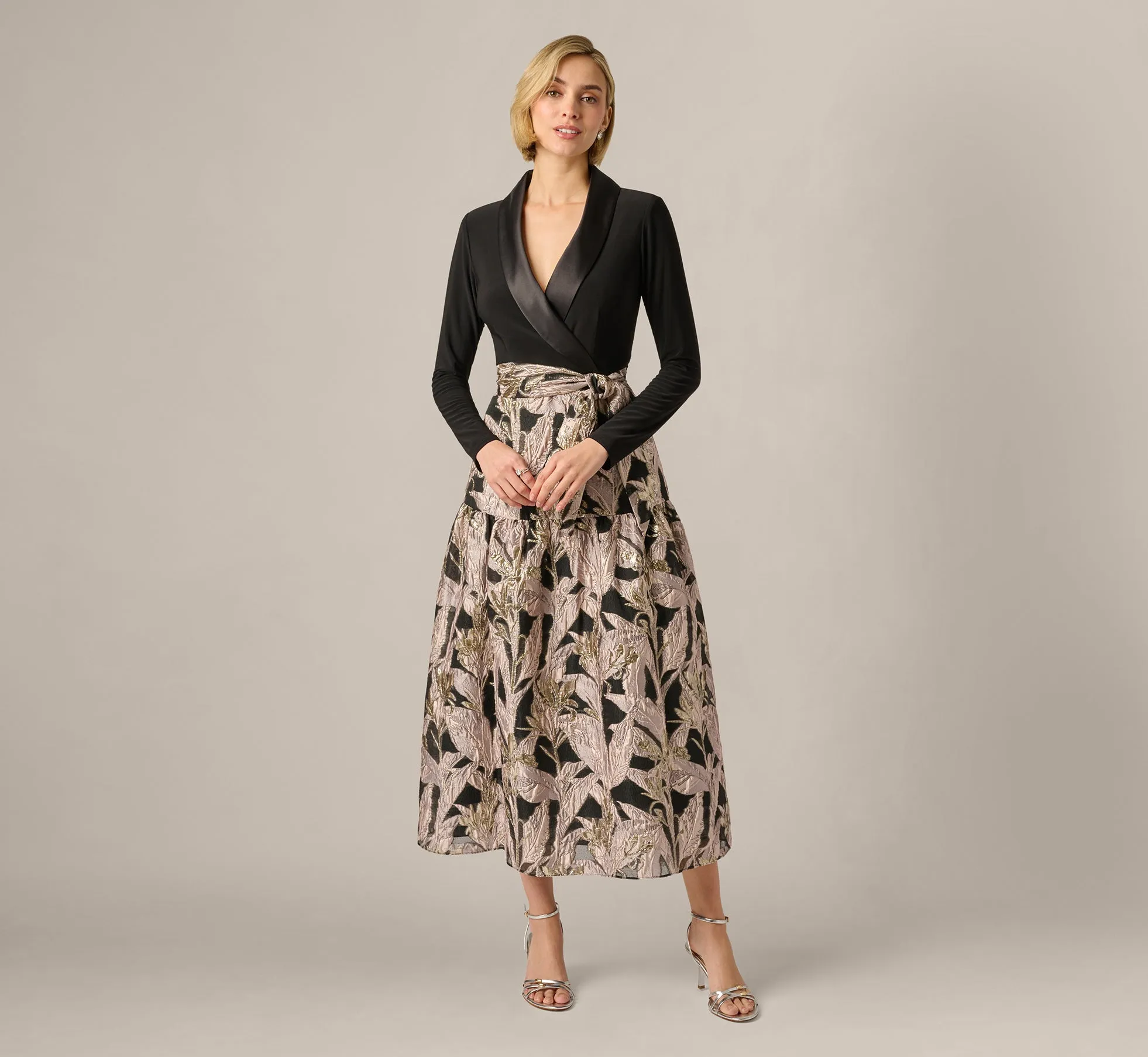 Long Sleeve Combo Tuxedo Ankle Length Gown In Black Blush sold by Adrianna Papell