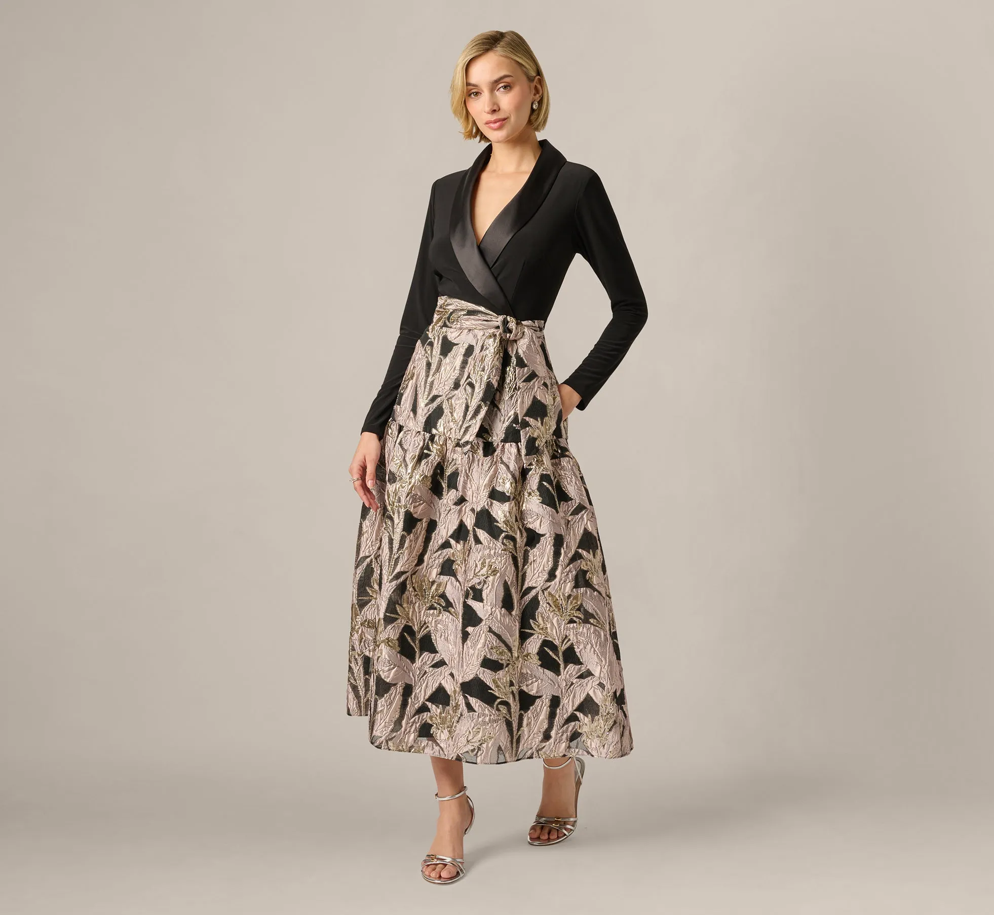 Long Sleeve Combo Tuxedo Ankle Length Gown In Black Blush sold by Adrianna Papell product image thumbnail 2