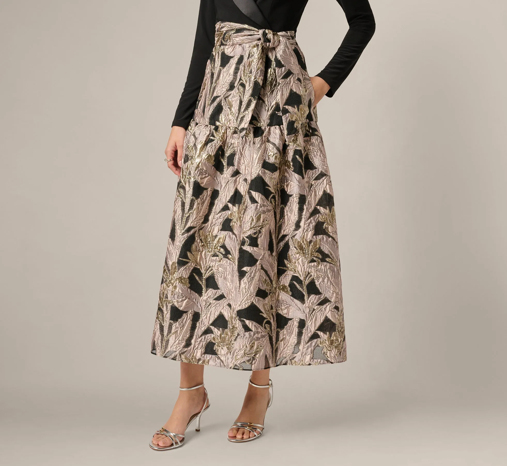 Long Sleeve Combo Tuxedo Ankle Length Gown In Black Blush sold by Adrianna Papell product image thumbnail 3