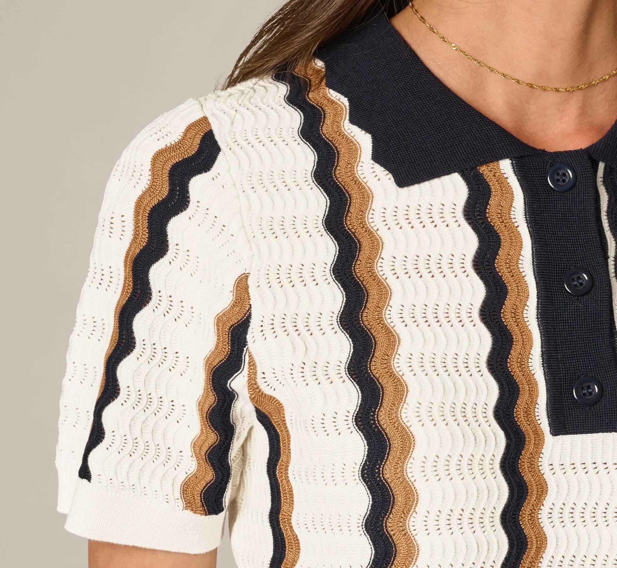 Open Knit Pointelle Scalloped Polo Sweater In Ivory Navy Camel sold by Adrianna Papell product image thumbnail 4