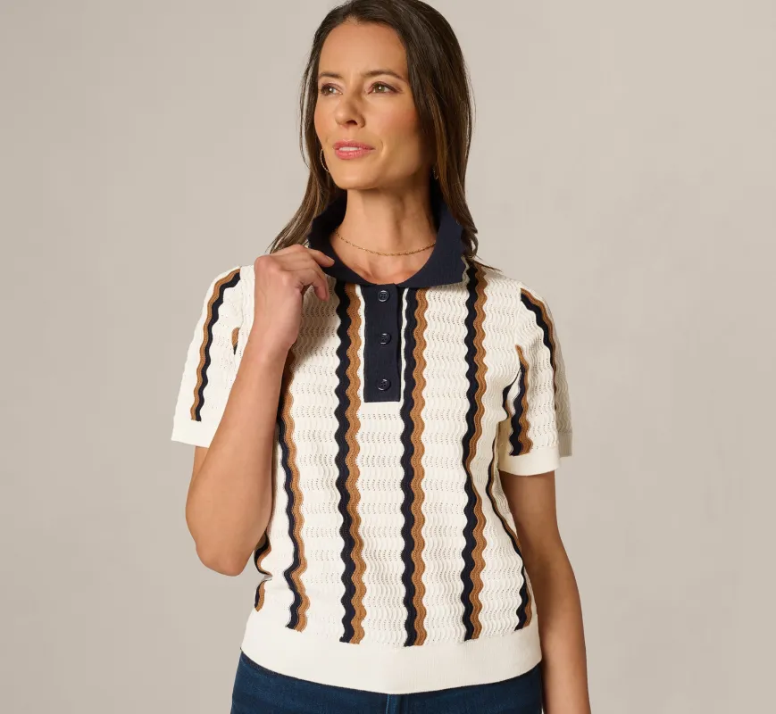 Open Knit Pointelle Scalloped Polo Sweater In Ivory Navy Camel made by Adrianna Papell