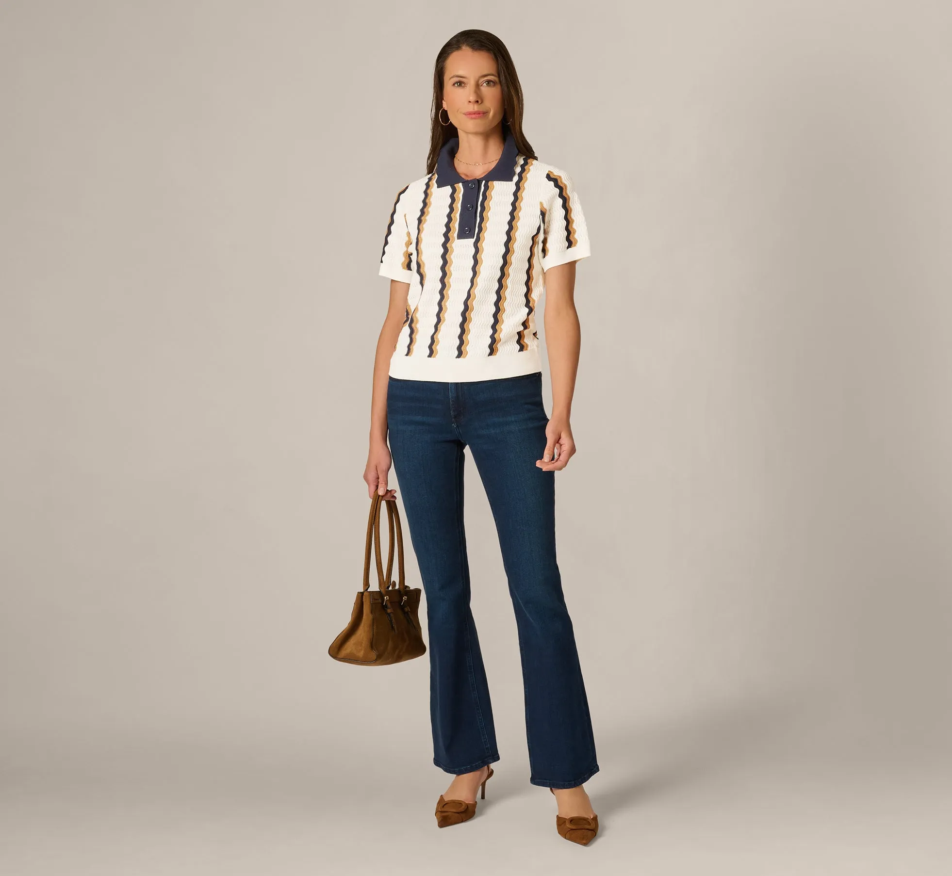 Open Knit Pointelle Scalloped Polo Sweater In Ivory Navy Camel sold by Adrianna Papell product image thumbnail 2