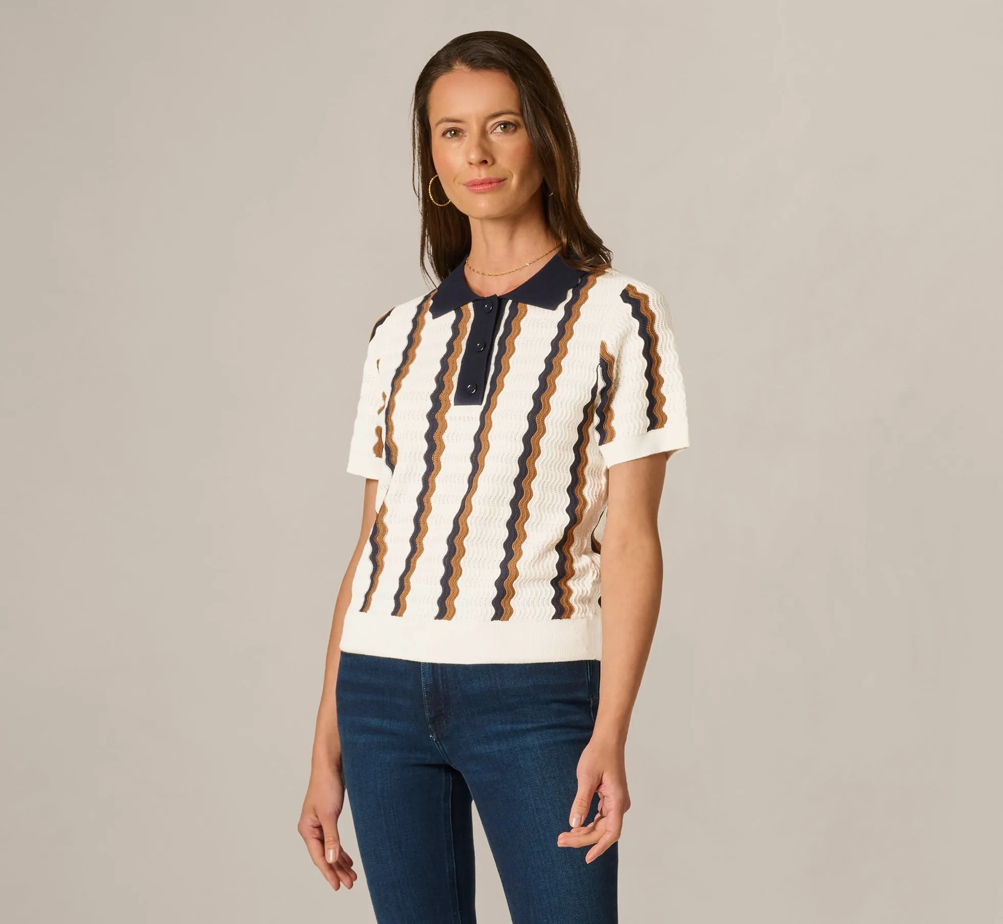 Open Knit Pointelle Scalloped Polo Sweater In Ivory Navy Camel sold by Adrianna Papell product image thumbnail 3