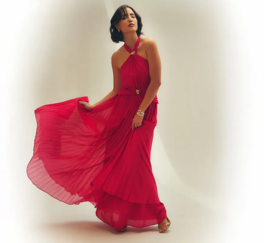 Pleated Chiffon Hardware Halter Gown In Pink Cherry made by Aidan Mattox