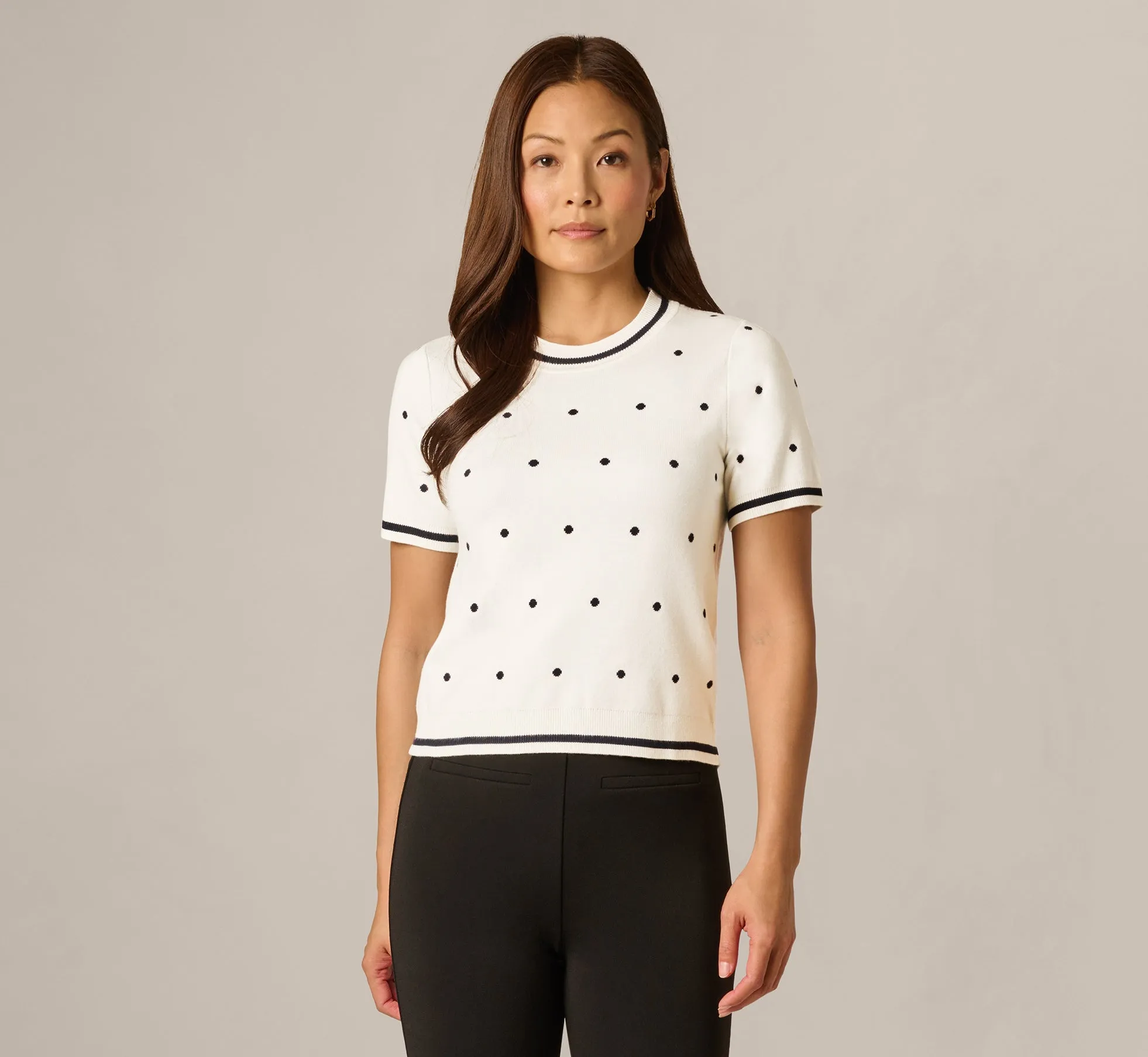 Short Sleeve Chain Patterned Knit Top In Ivory Navy Medium Simple Dot sold by Adrianna Papell product image thumbnail 3
