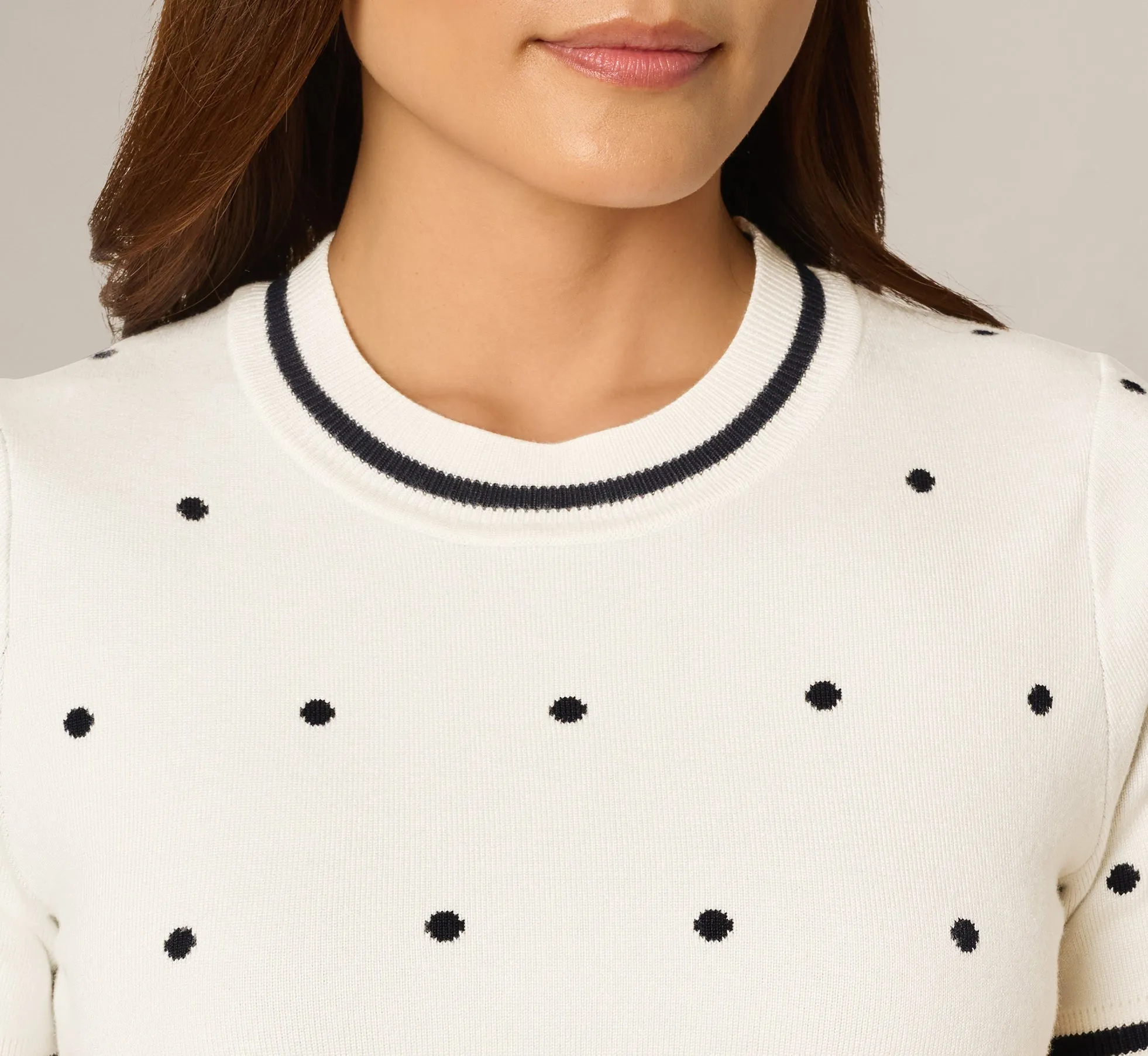 Short Sleeve Chain Patterned Knit Top In Ivory Navy Medium Simple Dot sold by Adrianna Papell product image thumbnail 4